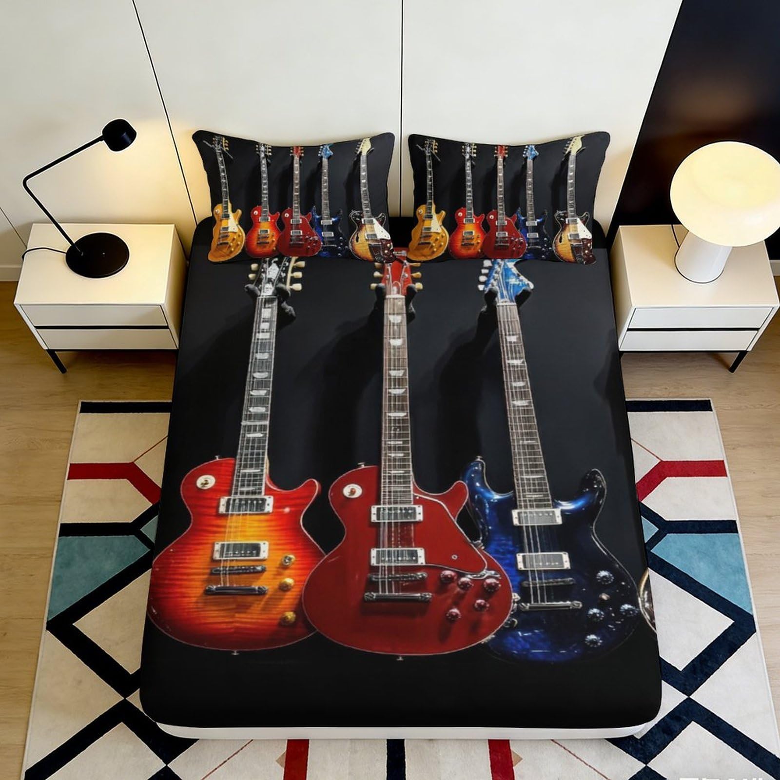 3D Printed Electric Guitar Fitted Sheet Microfiber Soft Colorful Musical Instrument Bed Cover for Bedroom Dorm Protection Decor 90x200x25cm