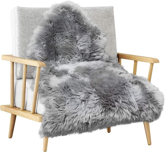 MYLUNE HOME Genuine Grey Sheepskin Rug (90x55cm) Ultra Soft Fluffy Area Rugs Plush Chair Cover Sheepskin Cushion For Living Room, Sofa, Chair Carpet, Settee, Bed