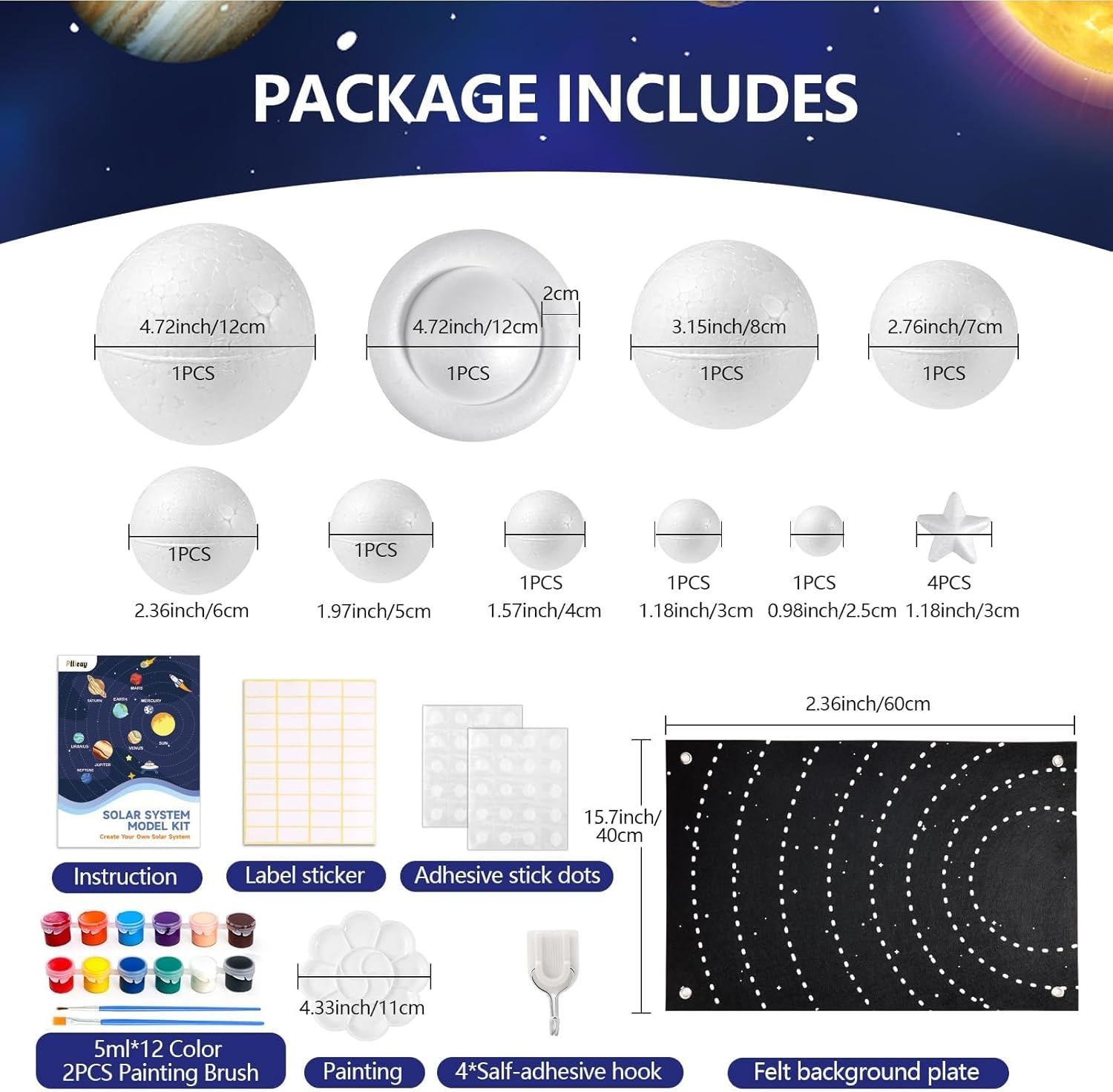 Pllieay Solar System Model Kit for School Science Projects, DIY Felt Backdrop Solar System Project Kit Includes Felt Background Plate, Mixed Size Foam Balls, Acrylic Color for Space Education - Image 2