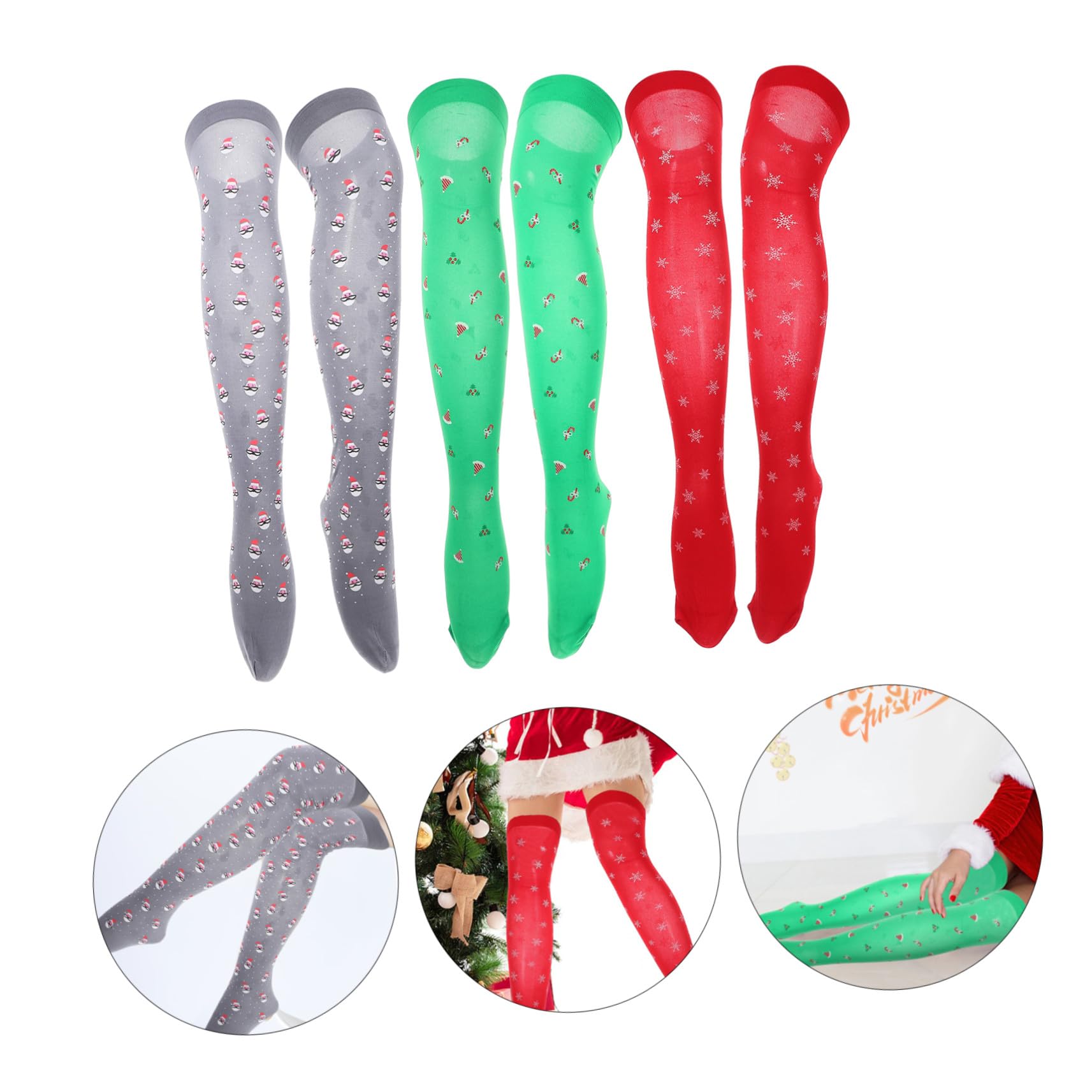 3 Paires Chaussettes Longues de Noël pour Femmes Légères et Élastiques Motif Flocon et Père Noël pour Fête et Cosplay