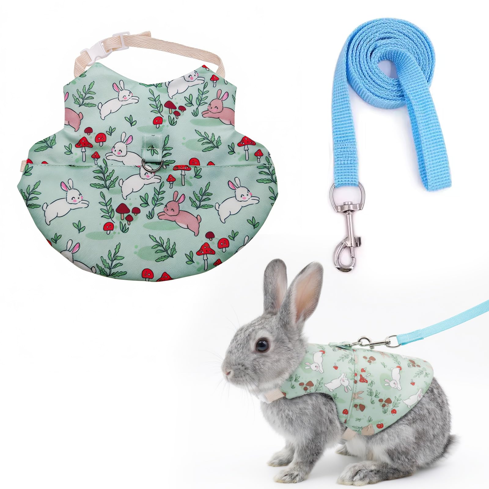 Rabbit Harness and Leash Set for Outdoor Training Camping Walking Escape Proof Clothes Bunny Outfits for Rabbits, Kittens, Ferrets, Guinea Pigs (green, S)