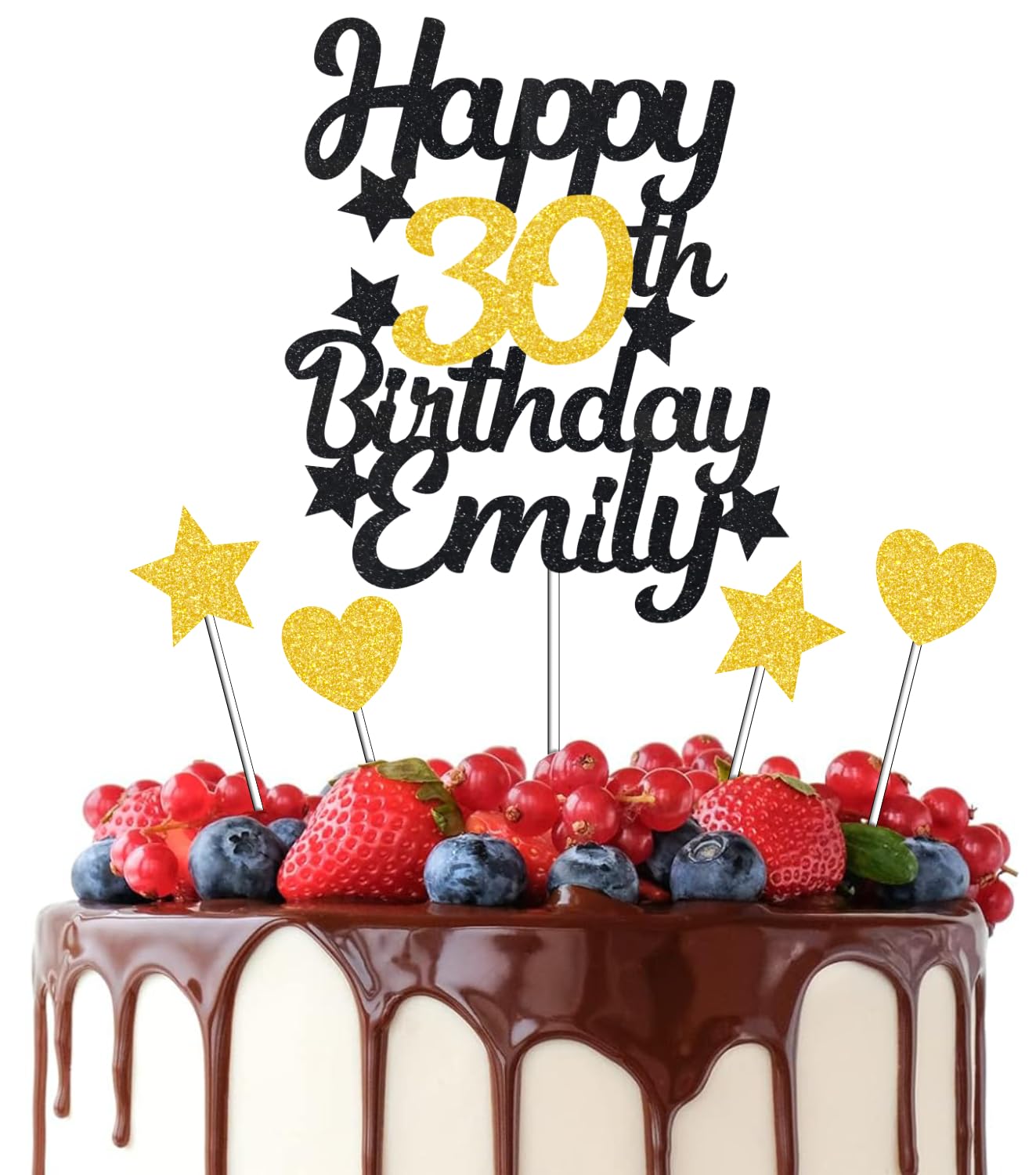 EKAM Personalised Happy Birthday Glitter Cake Topper Customised with Any Age Name, Black Gold Glittery Cake Decorations with Stars, Party Cake Decoration for 1st 10th 16th 18th 20th 21st 30th 50th