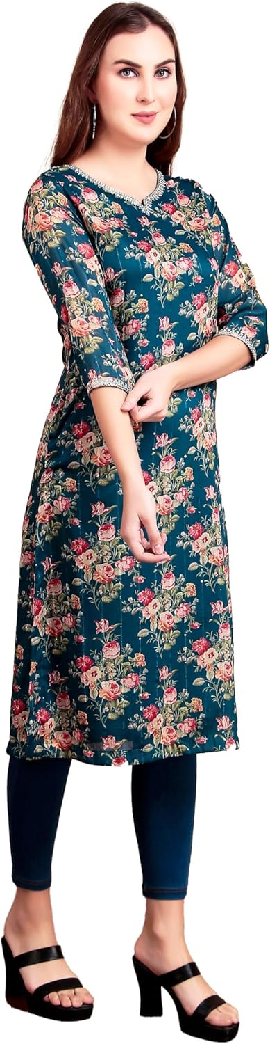 ladyline Womens Chinon Silk Tunic Kurti Embroidered Digital Printed Kurta Top - Image 4