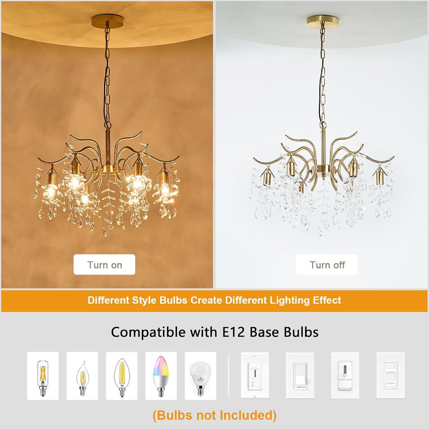 Tree Branch Crystal Chandeliers 22in Modern Gold Chandelier Light Fixtures E12 6-Light Ceiling Hanging Pendant Light for Living Room Foyer Dining Room