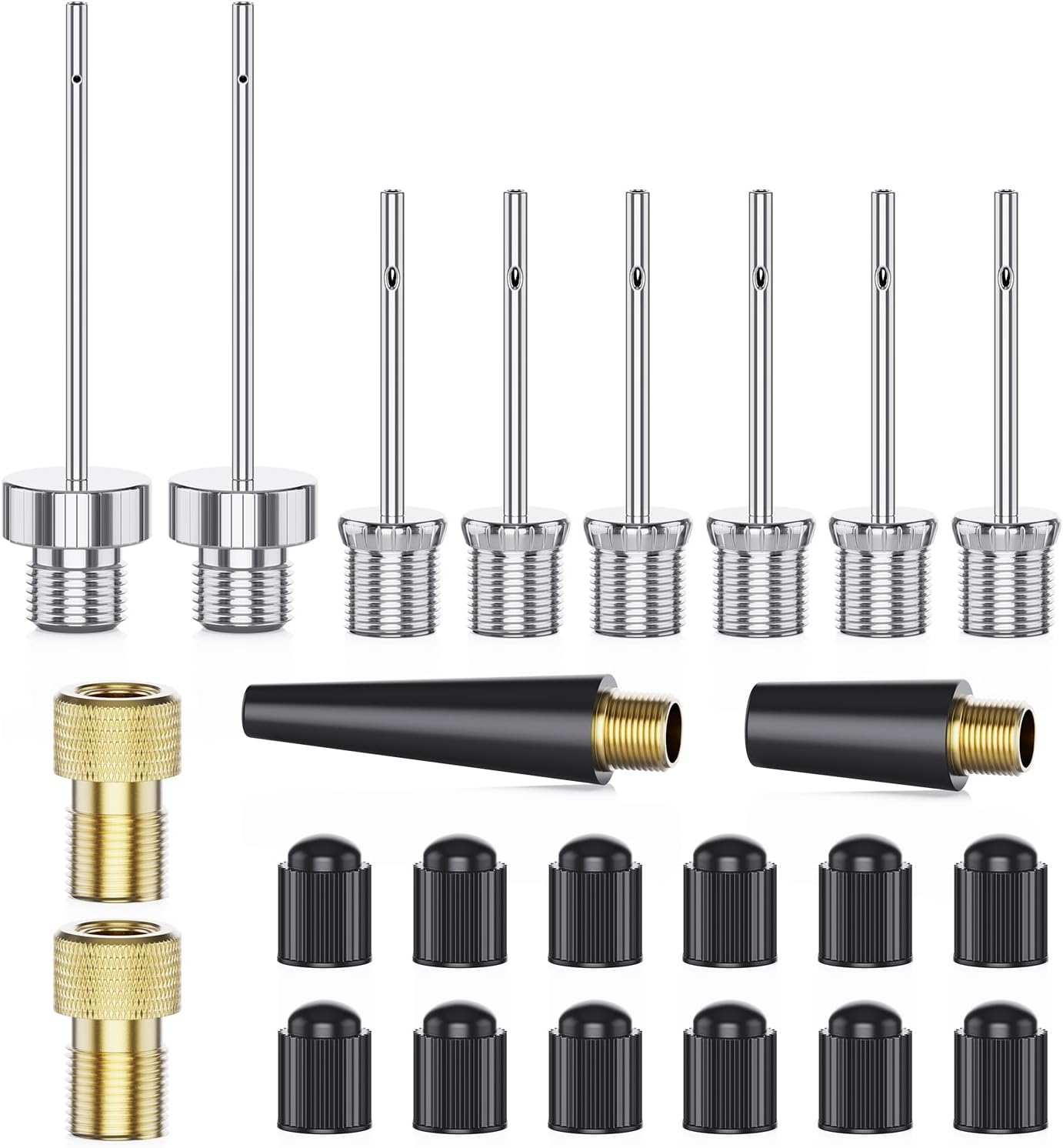 24-in-1 Pump Accessory Kit – Air Pump Needles, Conical Inflation Nozzles, Schrader Valve Adapters, Valve Caps for Sports Balls, Inflatables, Bike Tires & More – Includes Storage Case