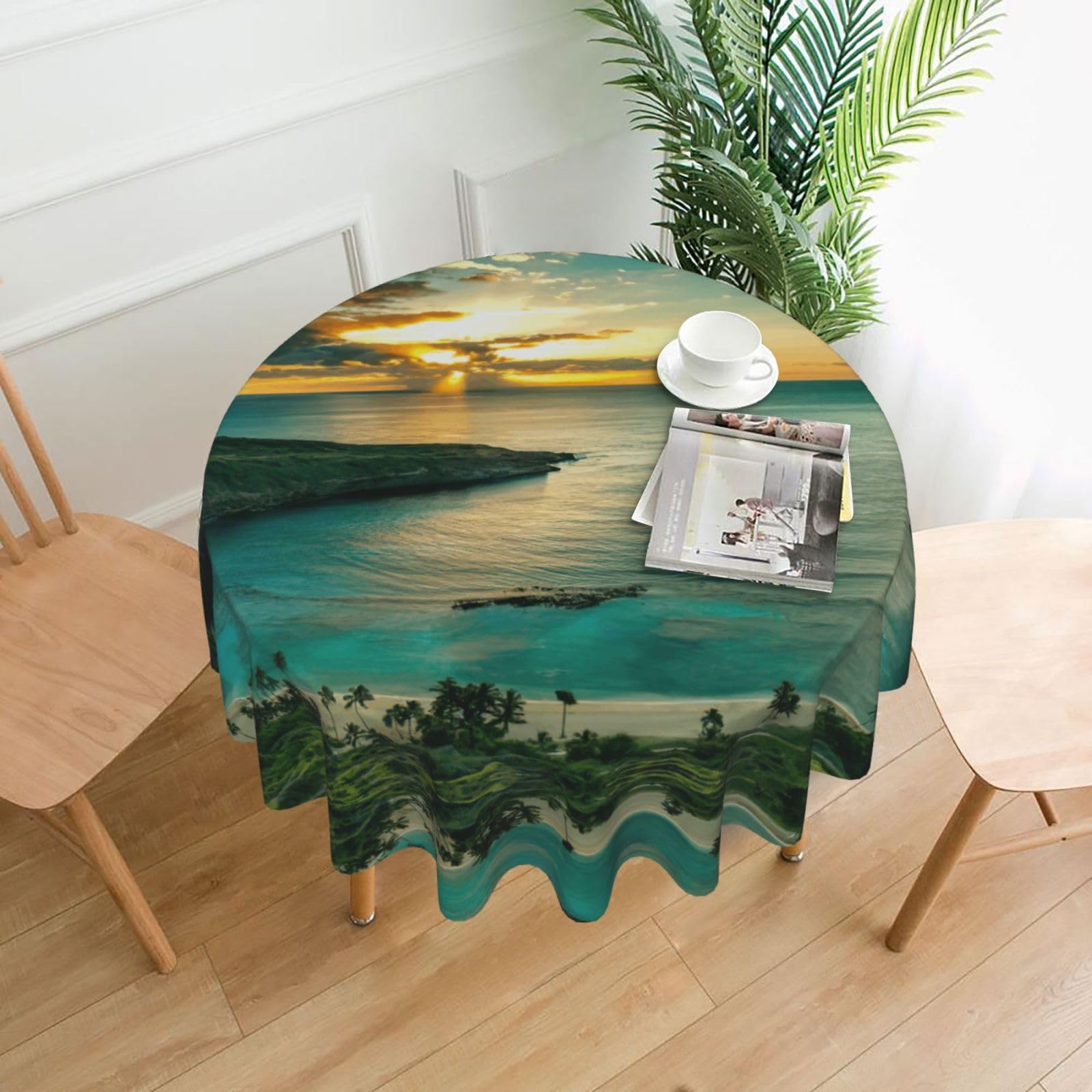 Uusnwaa Sunrise Over Hanauma Bay Oahu Hawaii Print Round Tablecloth 60 Inch, Stain Wrinkle Resistant Washable Polyester Table Cover For Kitchen Party