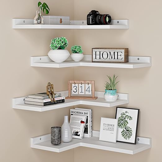 4 Tier Floating Corner Shelves White Set of 4, Rustic Pine Wooden Floating Corner Wall Shelf for