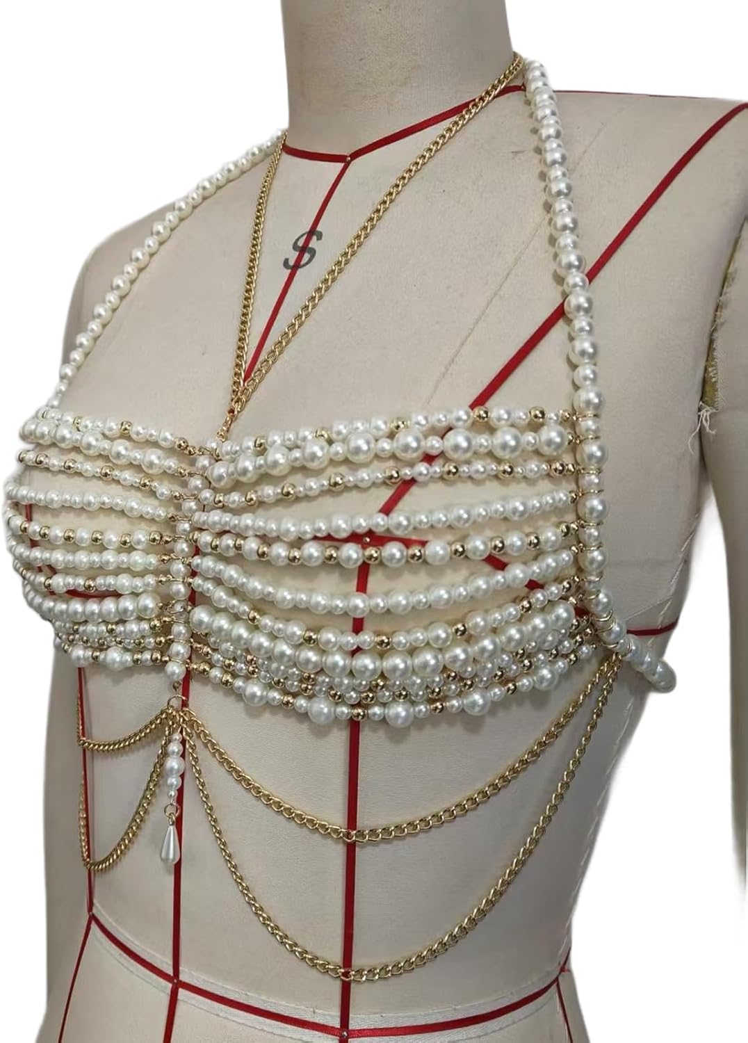 Wedding Gold Pearl Tassel Bra Chain Jewelry Multilayered Beads Chest Body Chain Summer Beach White Pearl Lingerie Chain Jewelry for Women - Image 3