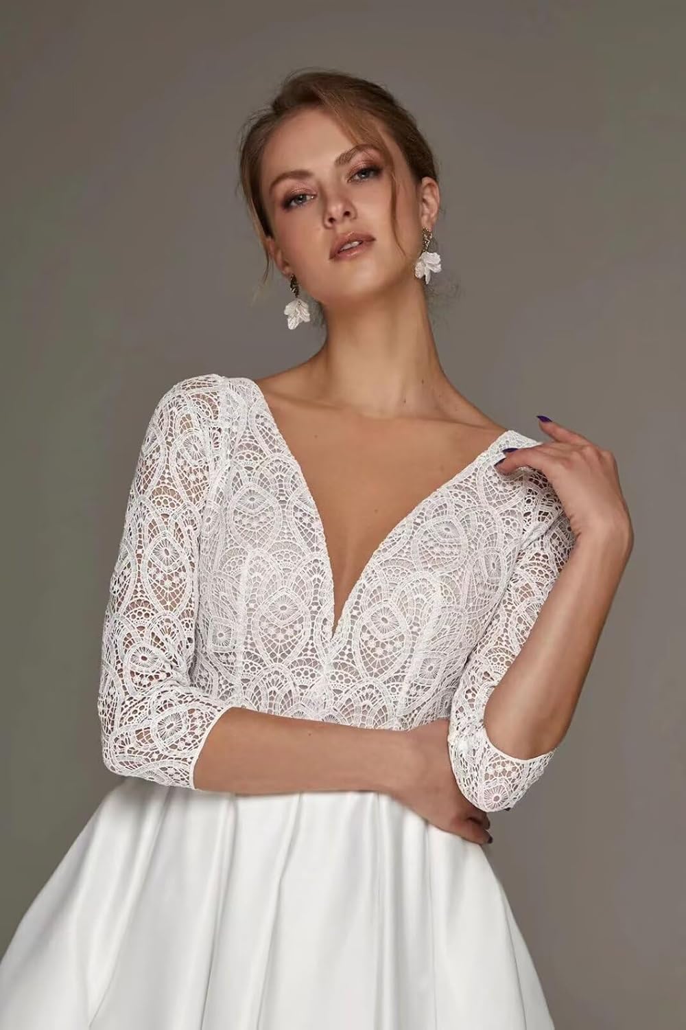 Womens Half Sleeves Tea Lenght Wedding Dress for Bride Satin Lace V Neck A Line Bridal Dress with Pockets - Image 3