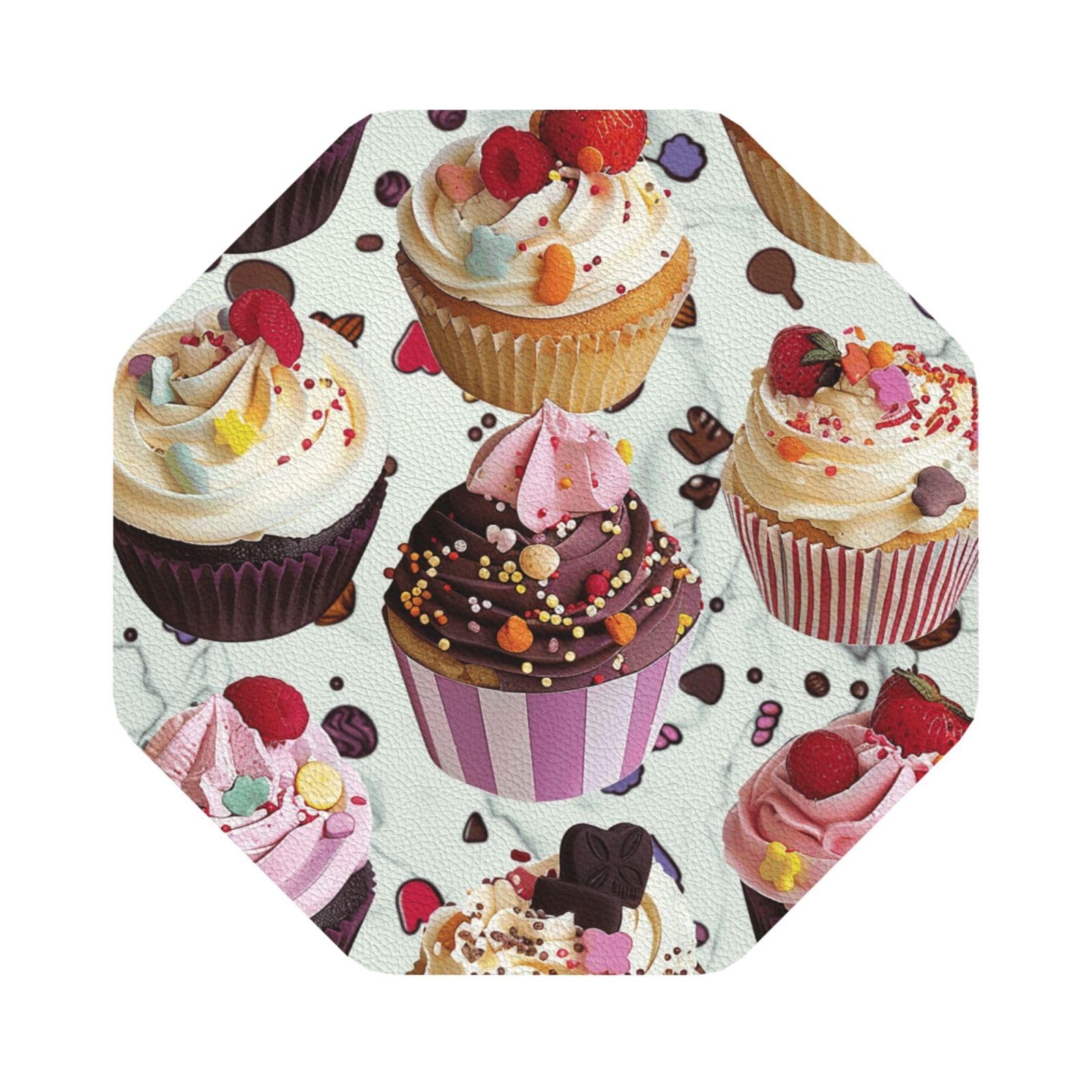Delicious Cupcakes Print Leather Coaster Set of 6, Octagon Coasters Table Decorative Coffee Cup Beverage Coasters Wine Beer Bar Coasters for Hot Drinks Table Protection