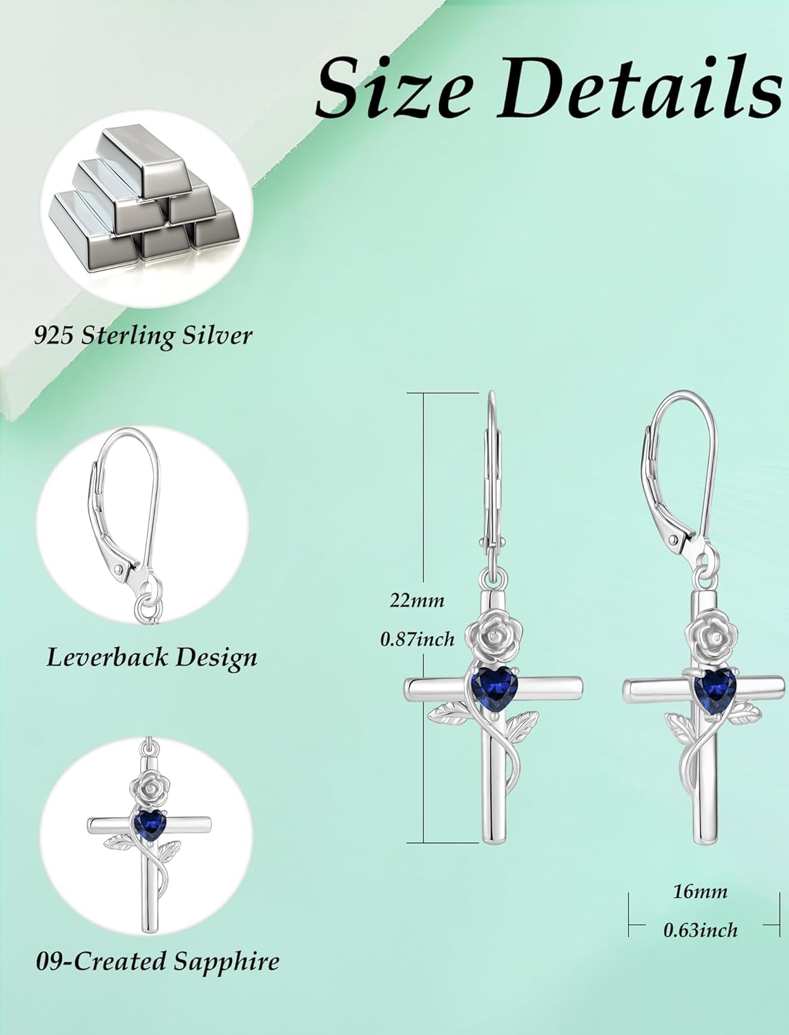 Sterling Silver Cross Earrings Rose Flower Dangle Earring Faith Religious Birthstone Jewelry for Women - Image 6