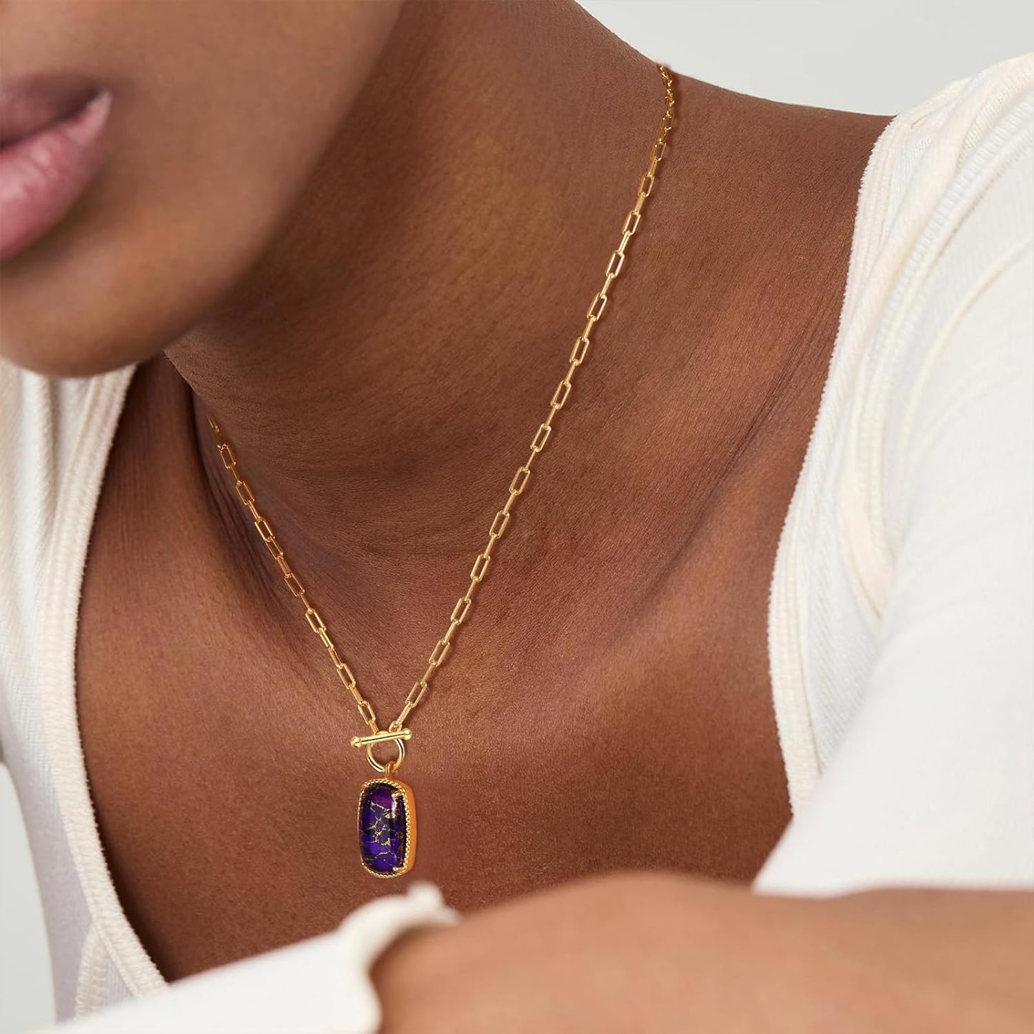 AIBAO Turquoise/Coral/Malachite/Lapis Lazuli Pendant Necklace for Women Sterling Silver Cushion Cut Gemstone Necklace Anniversary Valentines Birthday Jewelry Gift with Box