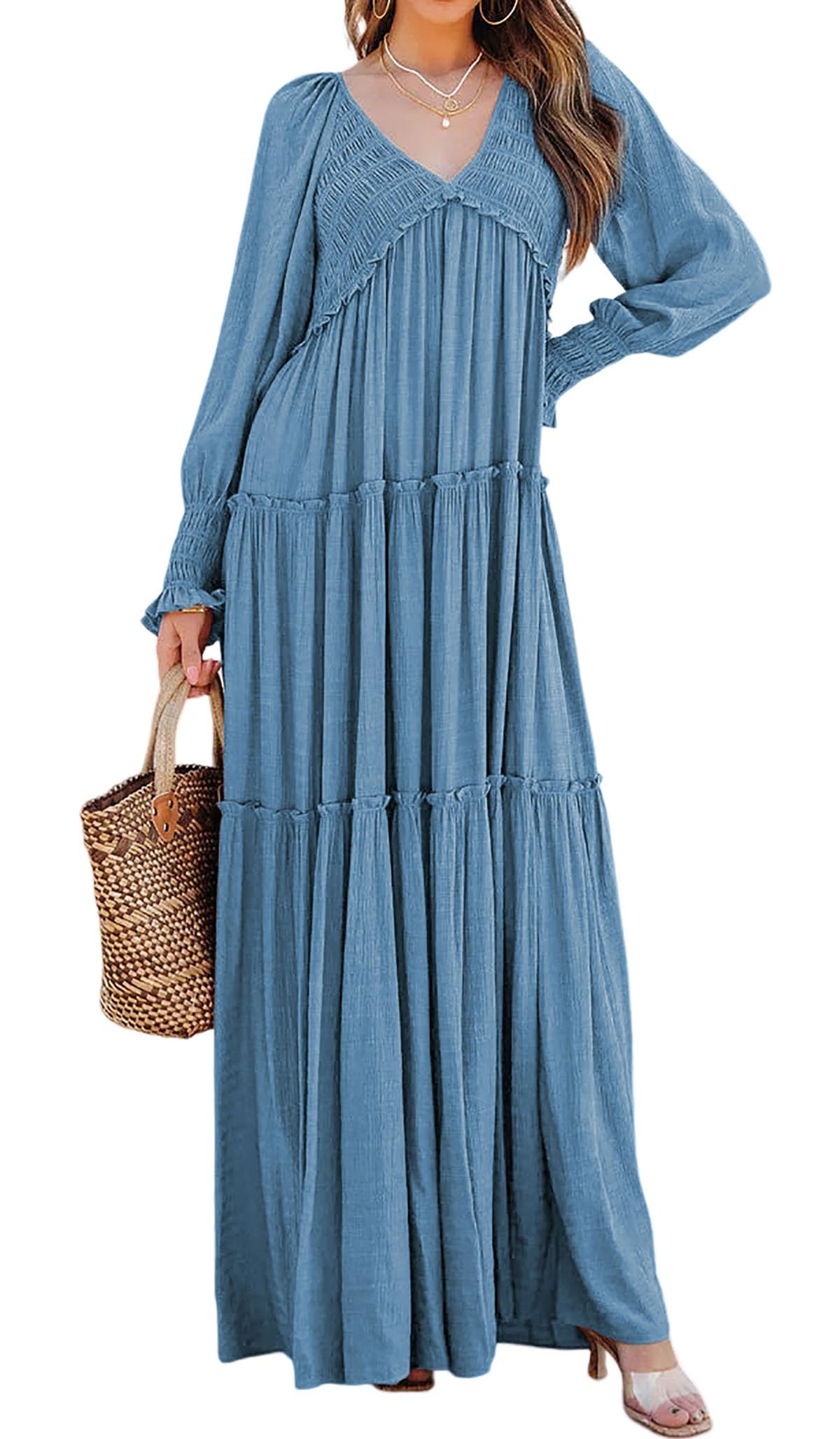 R.Vivimos Damen Boho V Ausschnitt Smock Strand Lang Kleid Langarm Rüschen A Linie Urlaub Maxi Kleid
