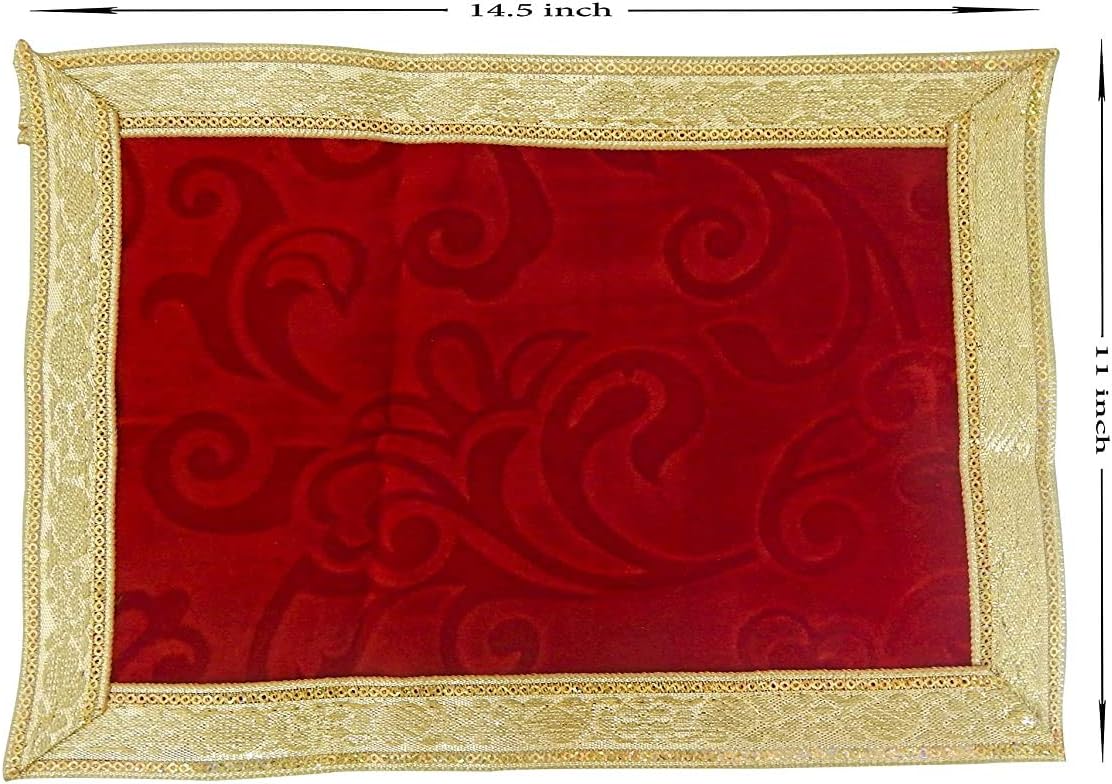 Elysian Small Rectangle Design Red Velvet Cloth for Puja | Pooja Aasan Kapda | Puja Chowki Cloth for Home Mandir, Temple, God & Goddess Asan -14.5X11(3PC)