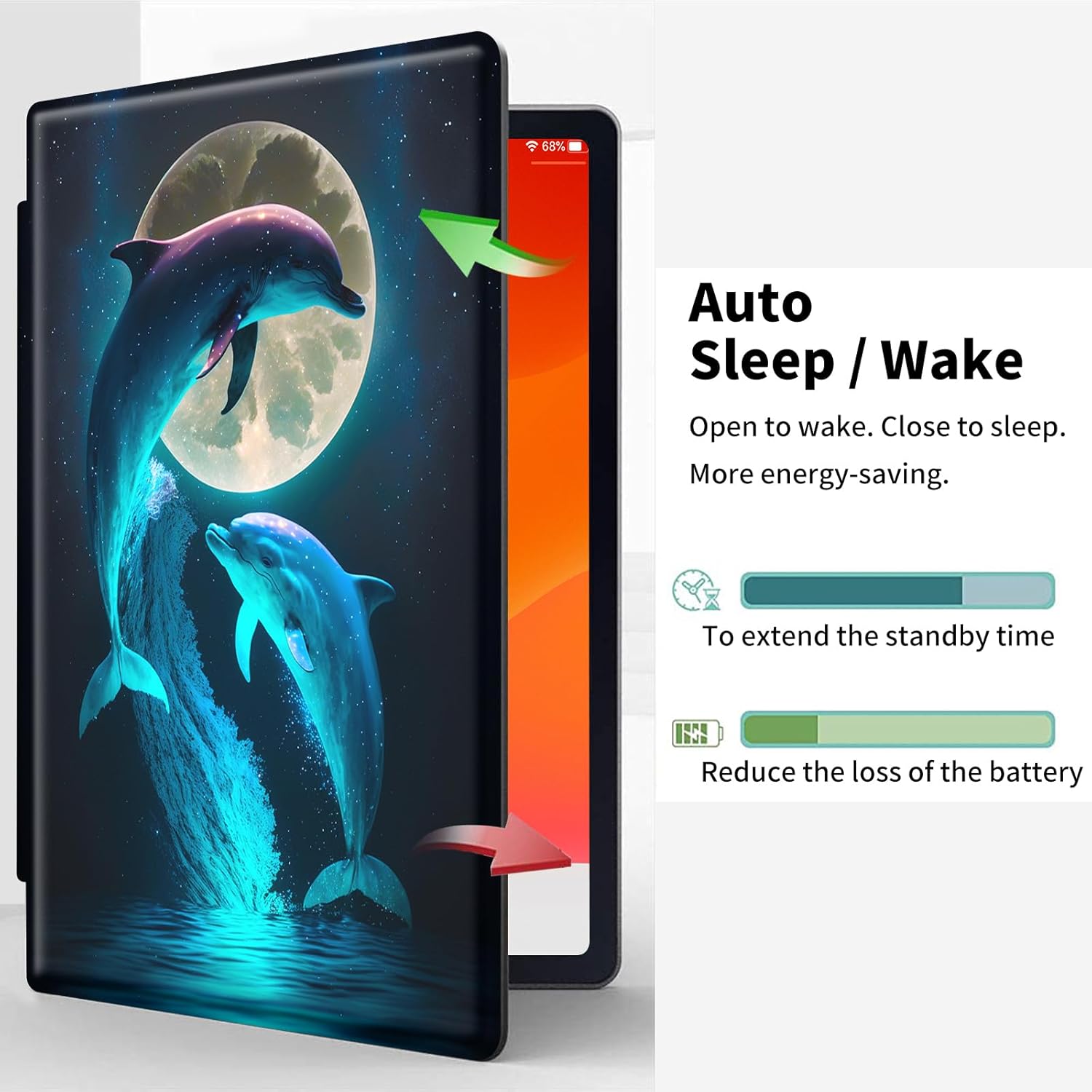 Case for iPad Pro 12.9 Inch 6th/5th/4th Gen (2022/2021/2020),360 Degree Rotating Protective Stand Cover with Auto Wake/Sleep,Cute Dolphins and Moon