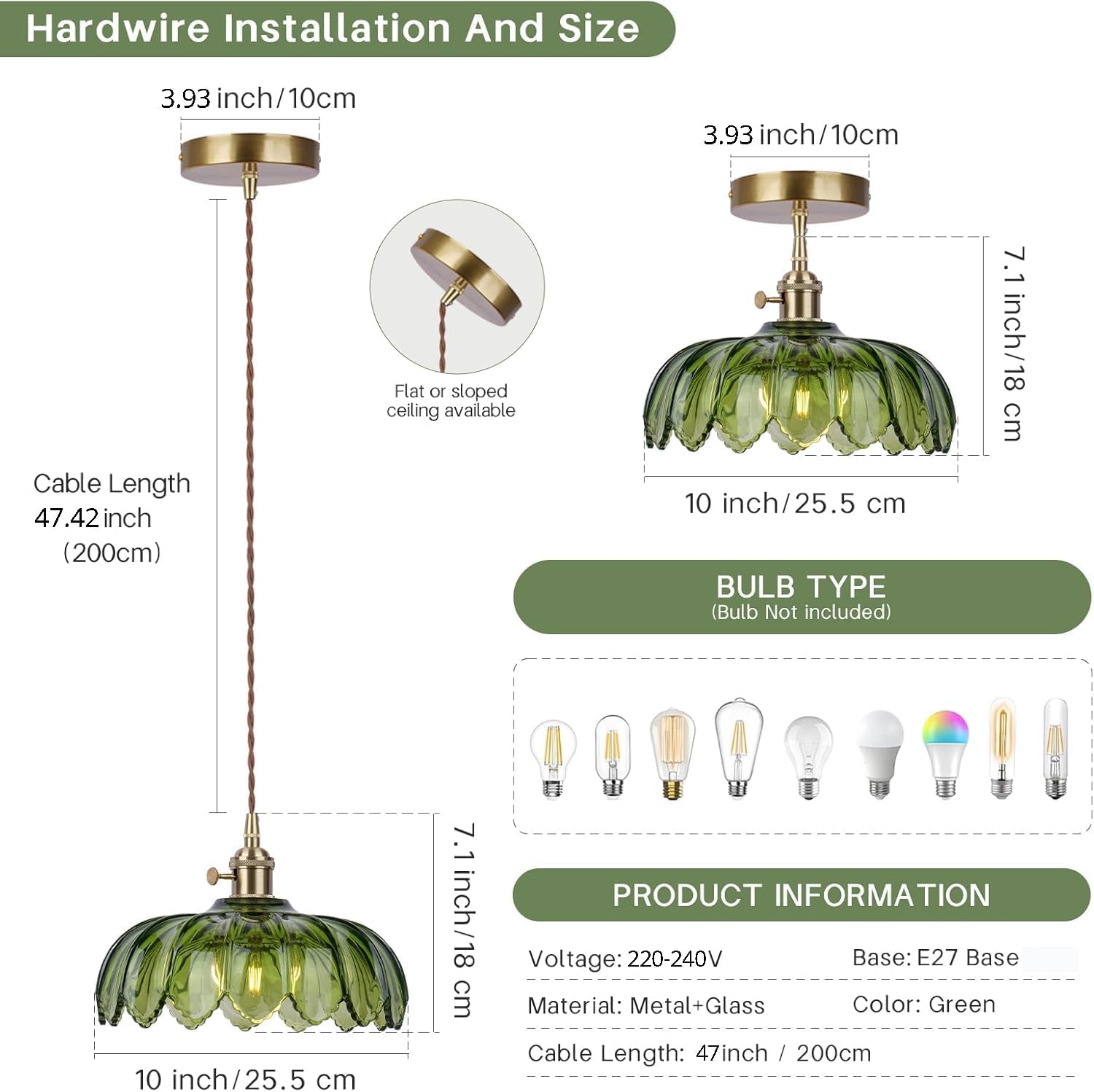 Hängelampe Grüne Glas Pendelleuchte Esstisch E27 Vintage Esstischlampe 26cm
