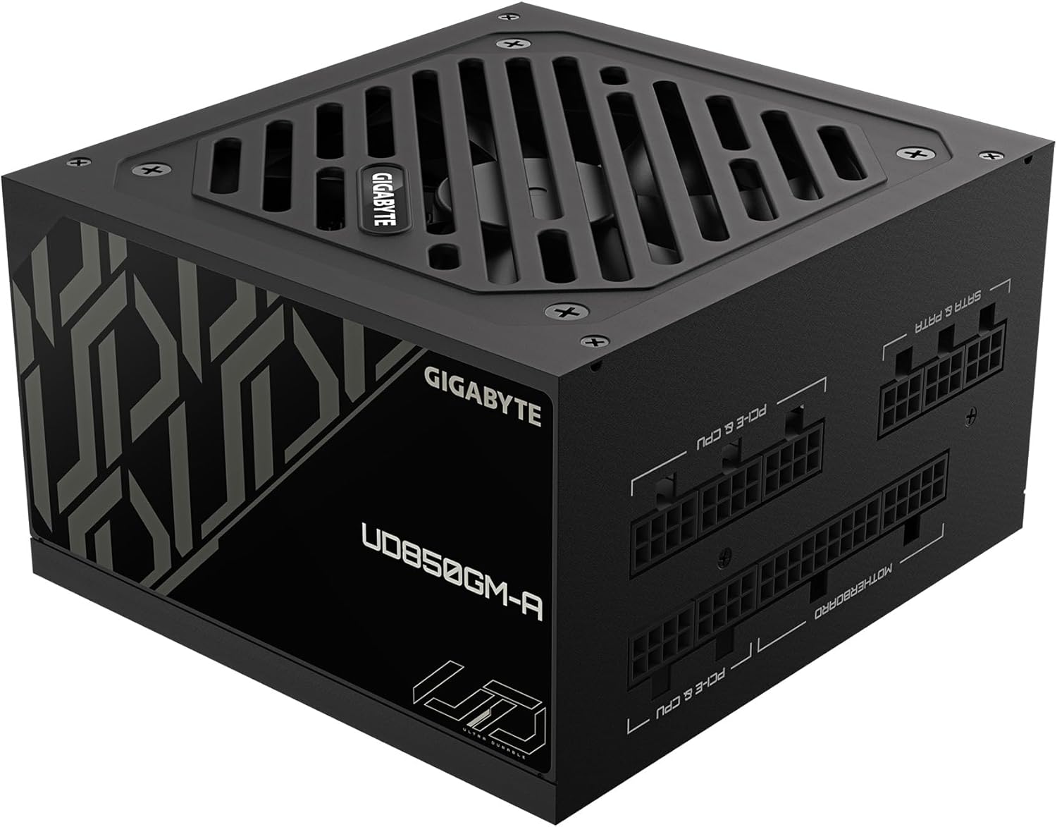 Side panel of the GIGABYTE GP-UD850GM-A power supply, displaying 'ULTRA DURABLE' branding.