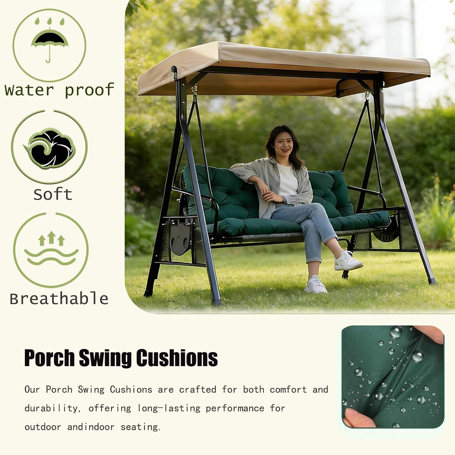 Porch Swing Cushions, 2-3 Seater Thick Waterproof Replacement Swing Cushions Replacement with Backrest, Outdoor Swing Bench Cushions for Patio,Long Bench,Garden(Dark Green 40×40 in)