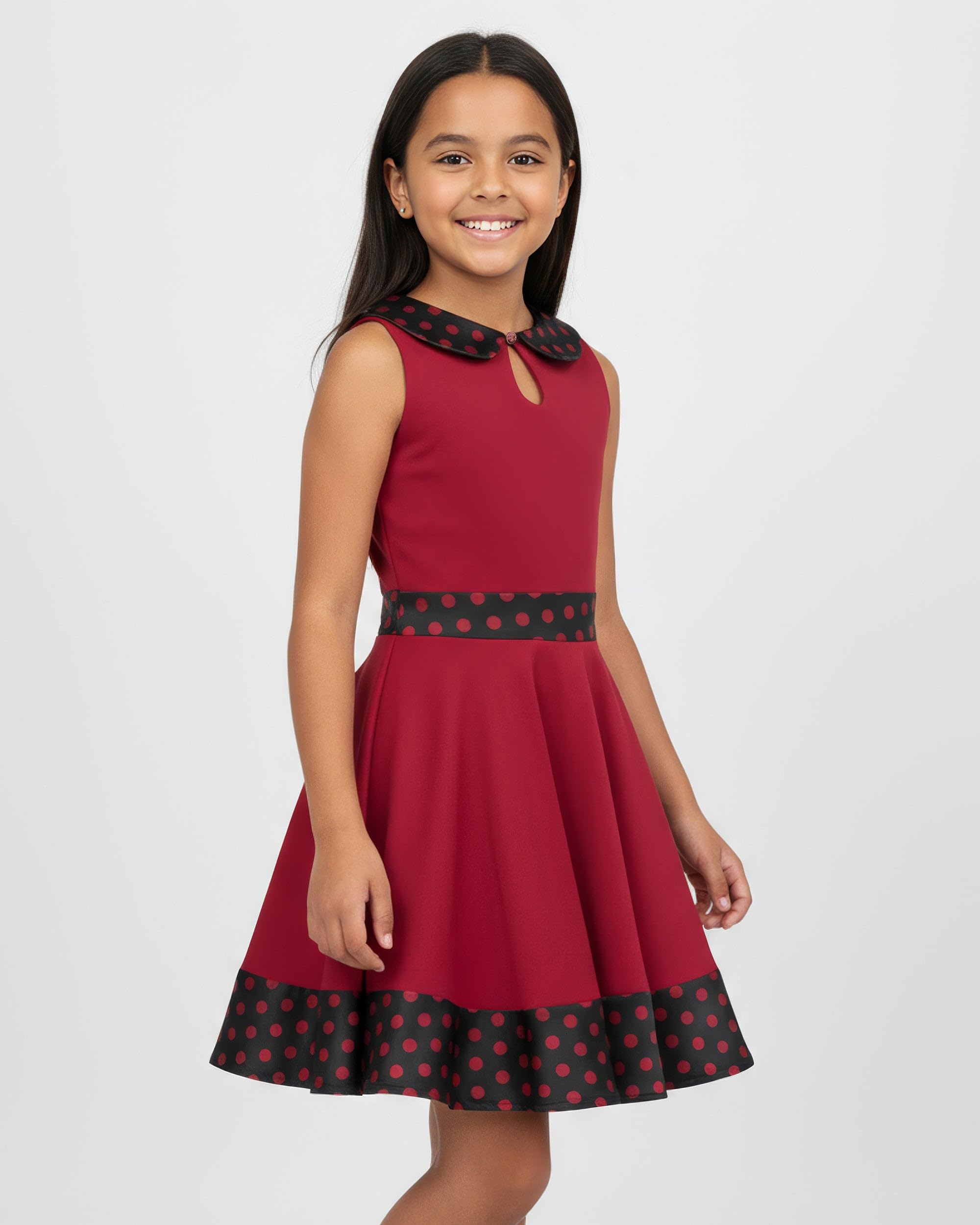 BlackButterfly Mädchen Kleid Zoey Punkte | Tellerrock, Ärmellos, Bubikragen, Kontrastbesatz, Gefüttert, Reißverschluss Hinten, Zum Drehen, 3-14 Jahre
