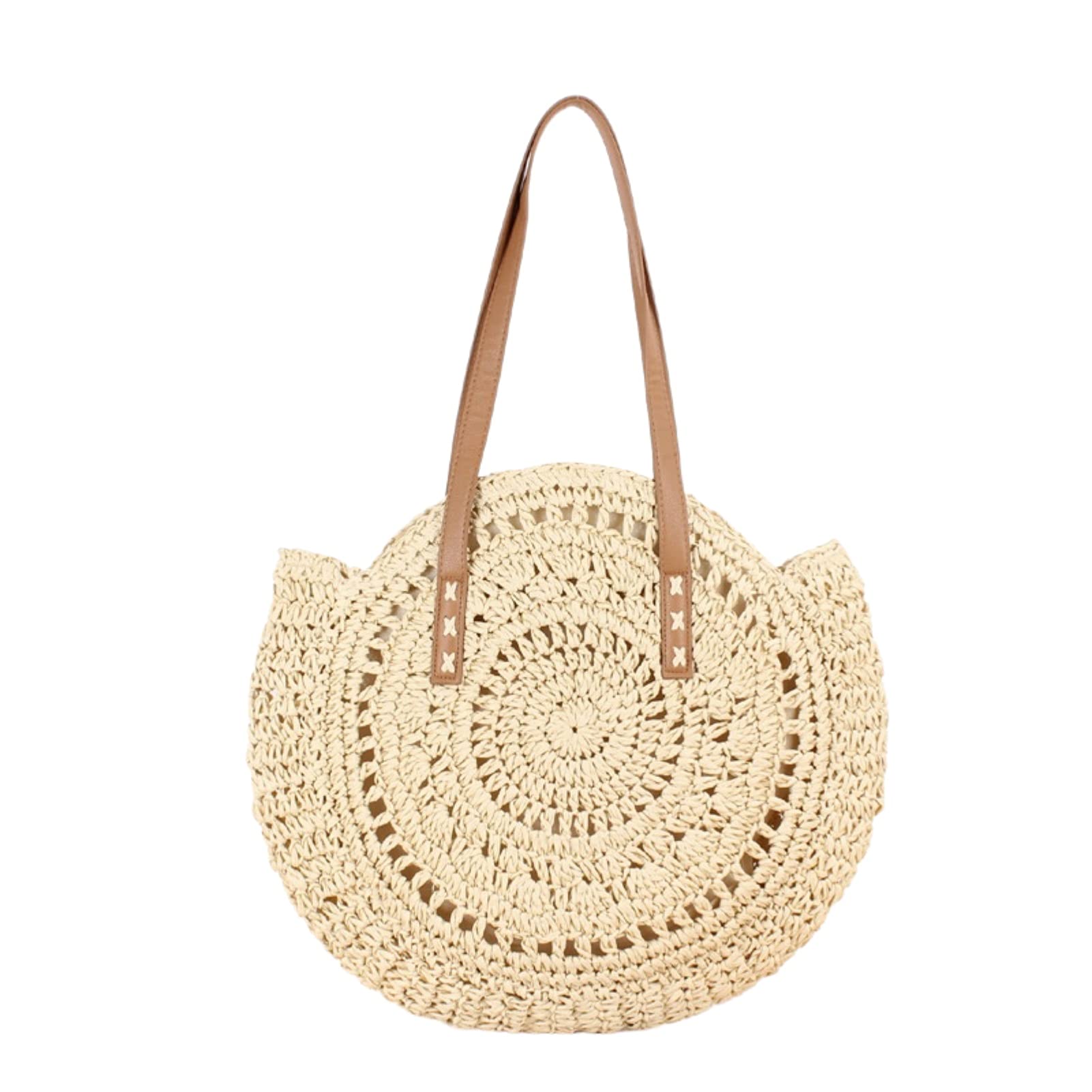 Strohtaschen Damen,Korbtaschen Damen Handgemachte gewebte Sommerstrand Runde Strohbeutel for Frauen Rattan Schulter Weibliche Nachricht Handtasche Totes(4 loukong Beige)