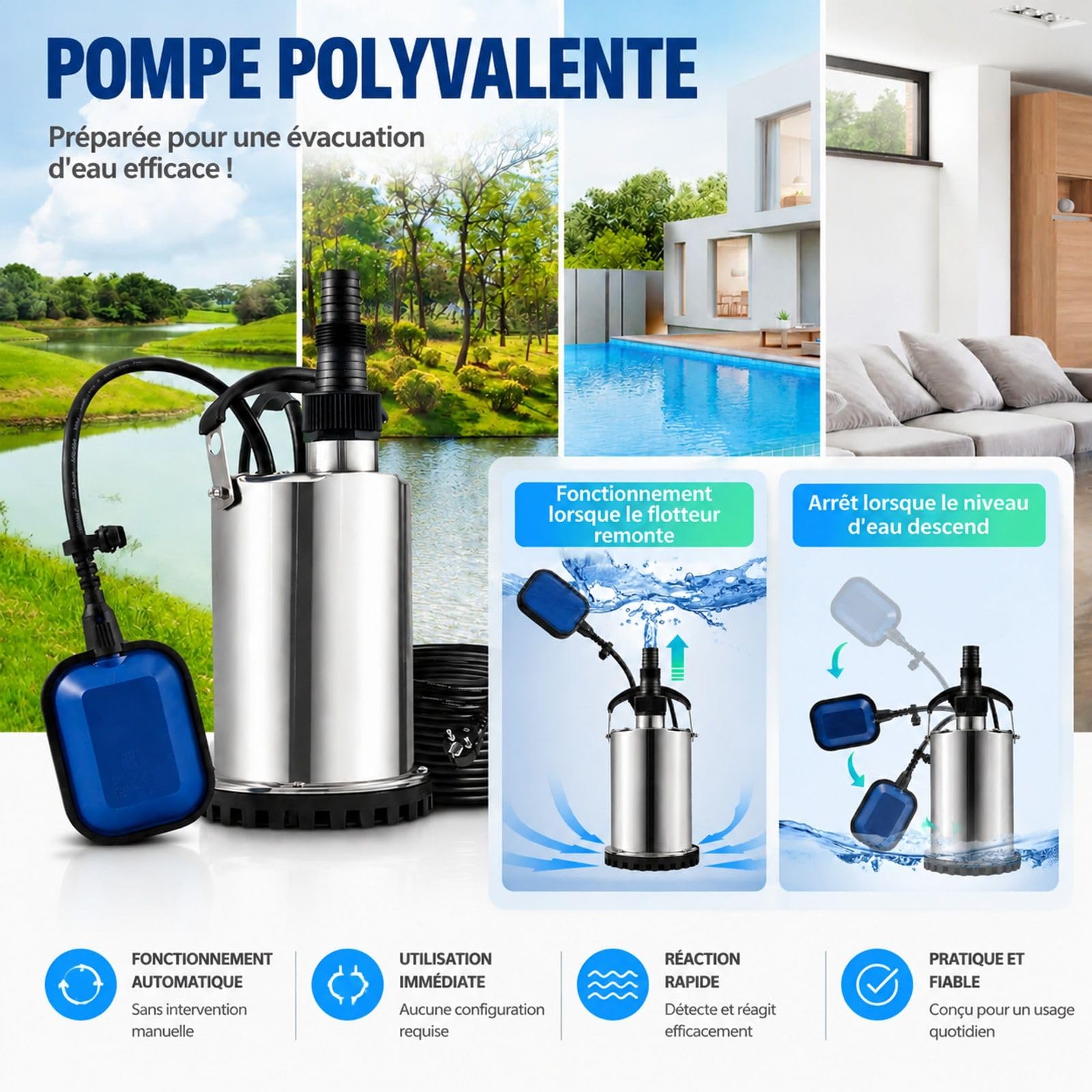 Pompe submersible pour eaux chargées 230 V 550 W 9500 L/h pour piscine, cave et étang