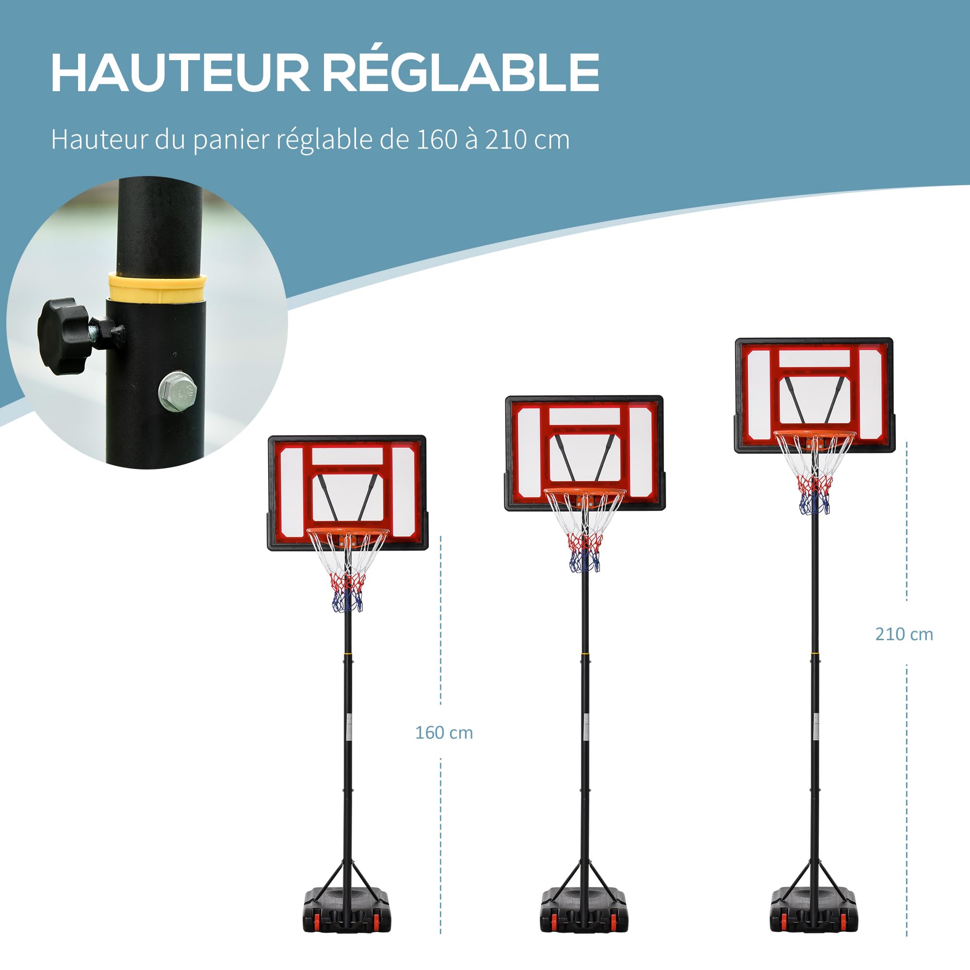 HOMCOM Panier de Basket extérieur Hauteur réglable 160–210 cm Panier de Basket sur Pied à roulettes avec Base Stable remplissable d'eau ou de Sable pour Juniors et Adultes, Noir