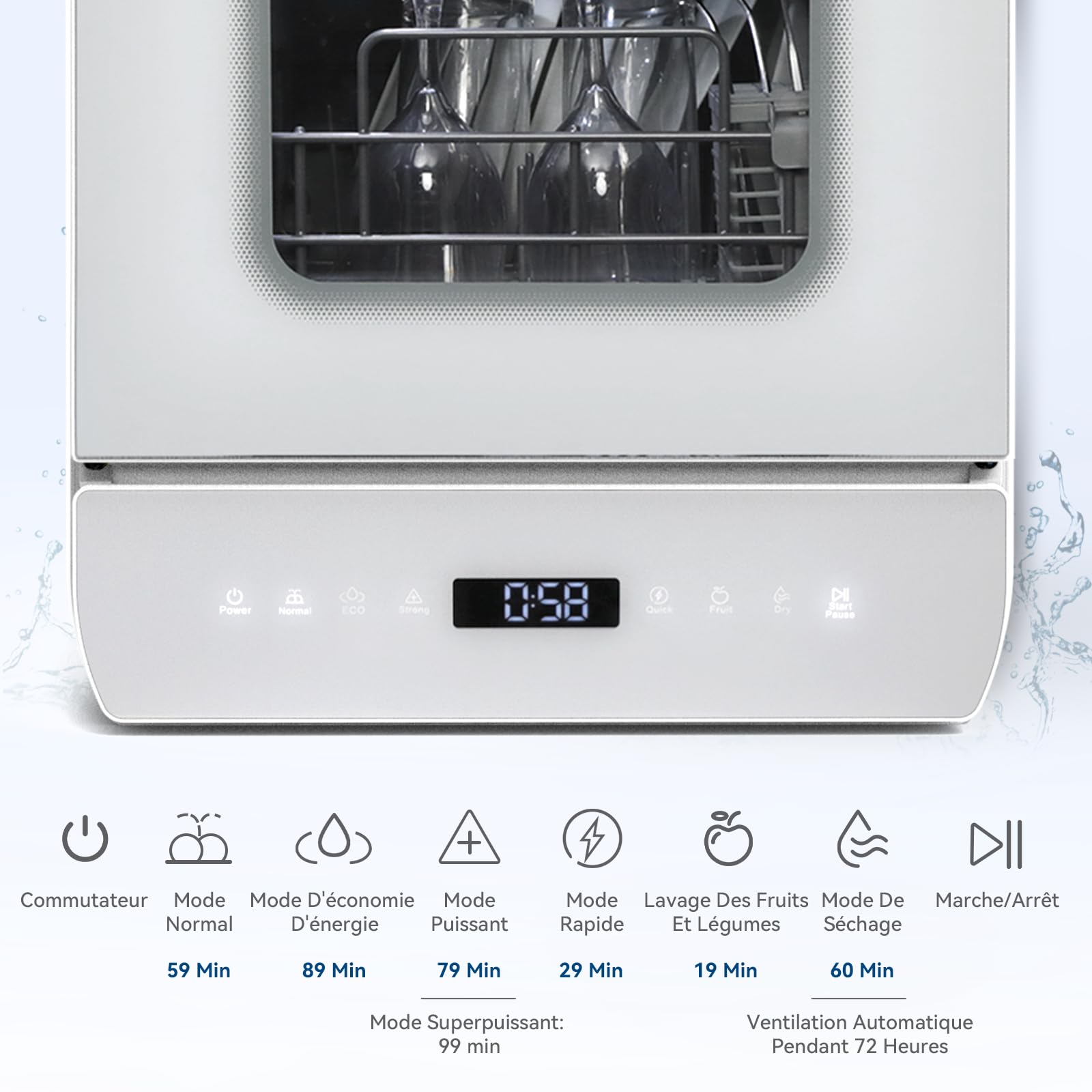 YU YUSING Mini Lave-vaisselle Compact 7 Programmes 37cm, Portable 3 Couverts, Réservoir 4.8L, Écran LED