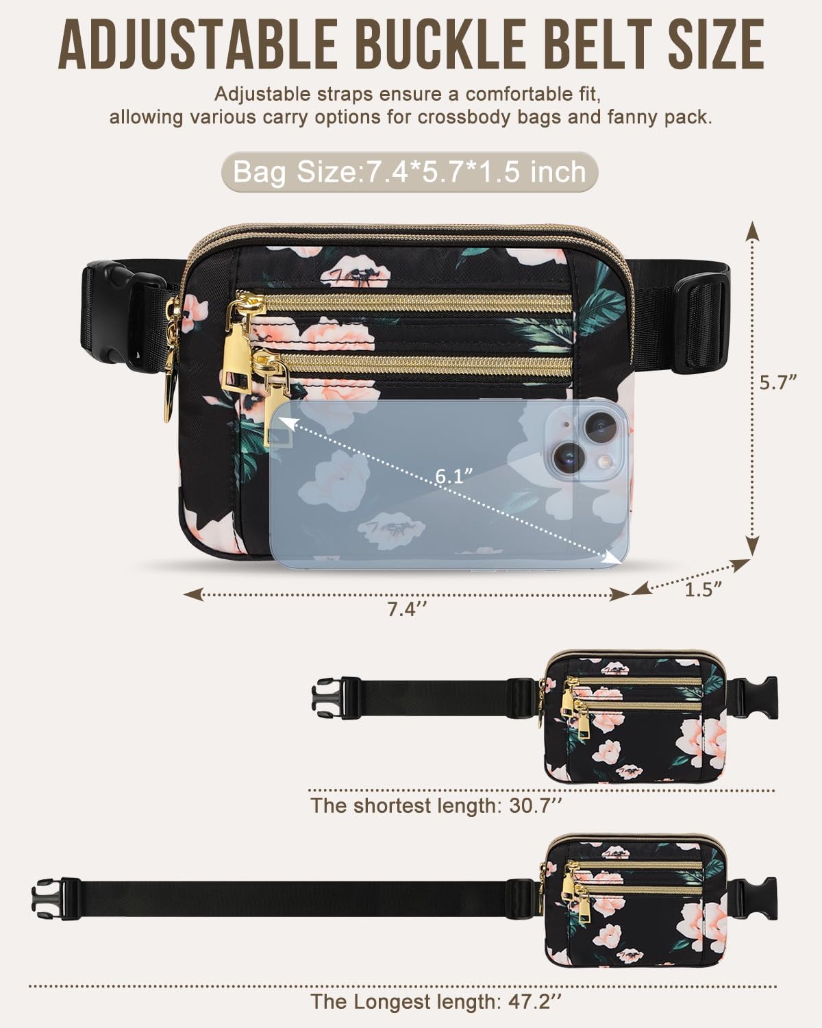 Capolo Fanny Packs for Women Fashion Waist Packs Bag with Adjustable Strap and 4 Zipper Pockets Waterproof Everywhere Crossbody Belt Bag for Workout Running Travelling(Black Flower) - Image 5