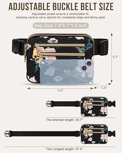 Miniatura 5 de Capolo Riñoneras para mujer con correa ajustable y 4 bolsillos con cremallera, impermeable, para entrenamiento, correr, viajar, Flor negra, Riñonera