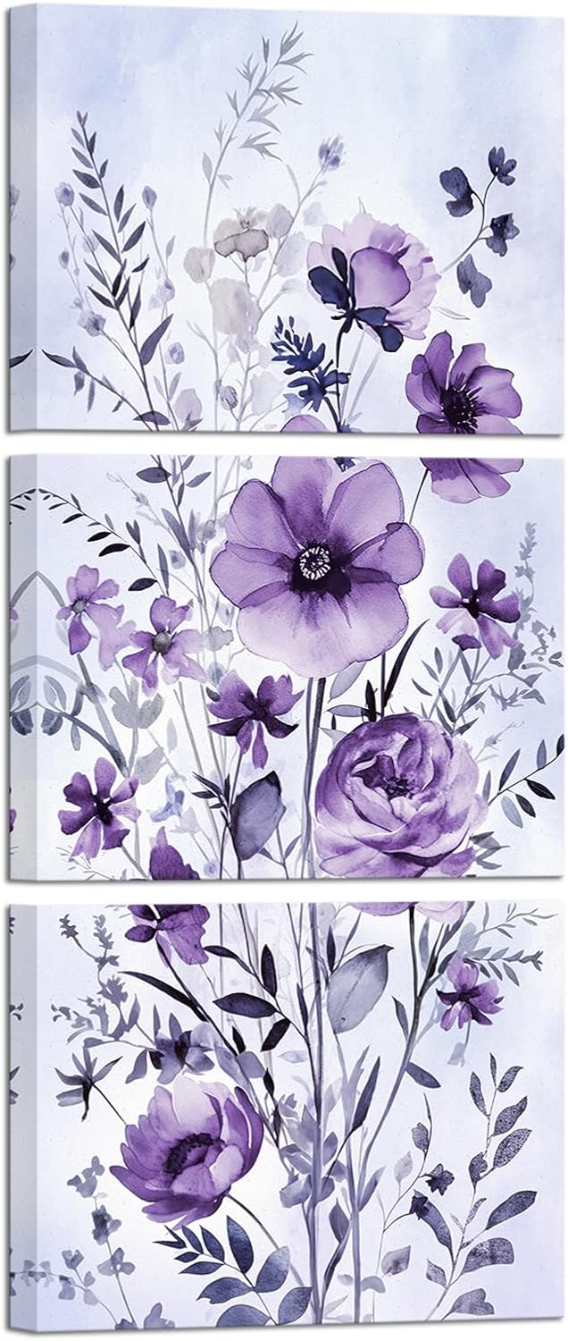 iHAPPYWALL 3 Pieces Purple Flower Canvas Wall Art Wildflower Botanical Plant Abstract Watercolor Country Floral Picture for Bathroom Bedroom Home Decor Ready to Hang 12x16inchx3pcs (Purple)