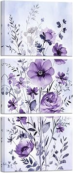 iHAPPYWALL 3 Pieces Purple Flower Canvas Wall Art Wildflower Botanical Plant Abstract Watercolor Country Floral Picture for Bathroom Bedroom Home Decor Ready to Hang 12x16inchx3pcs