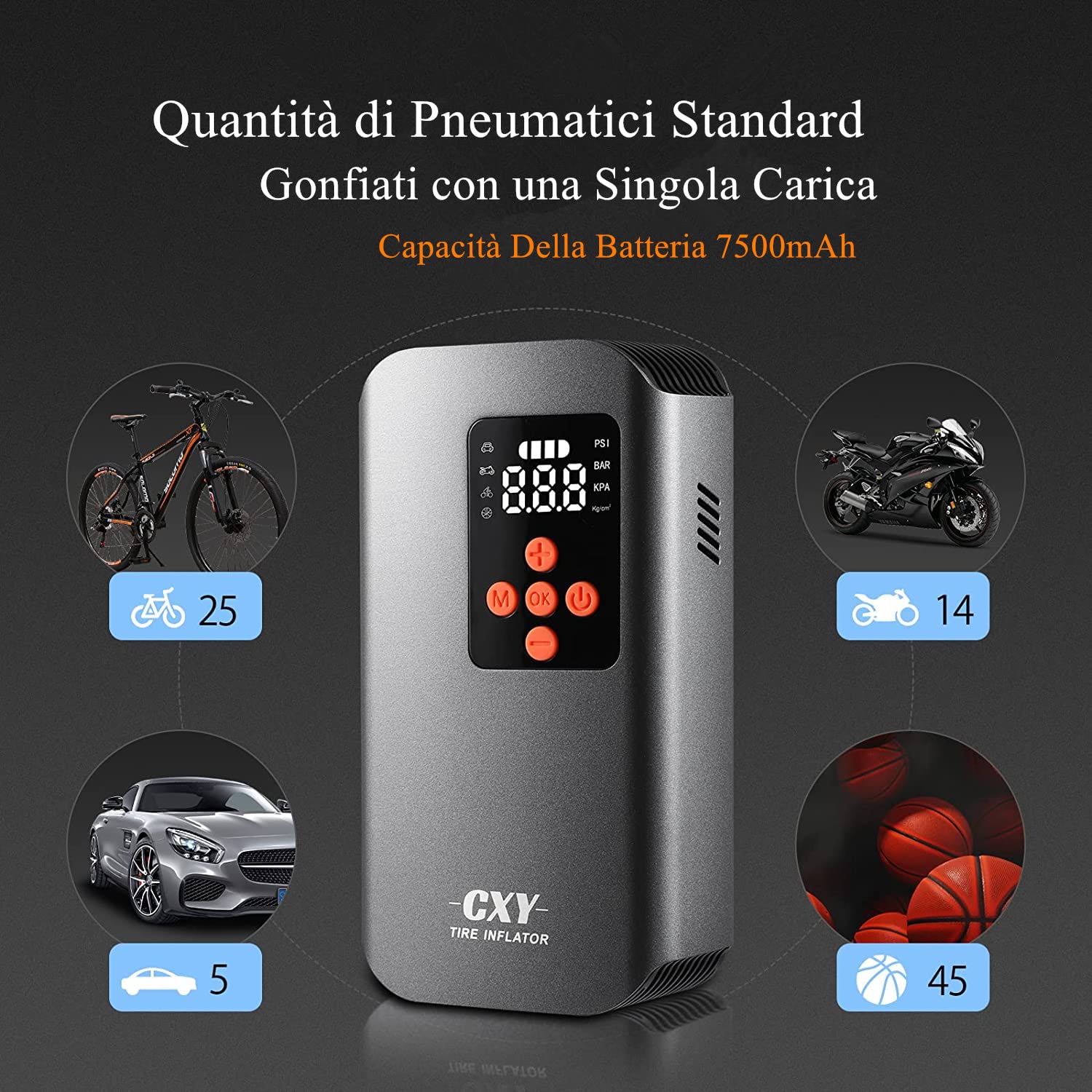CXY 7500mah Compressore Aria Portatile Auto, Elettrico Pompa Elettrica per Bicicletta, Mini Compressore Pneumatici per Auto Ricaricabili con 4 Ugelli Diversi per Auto, Moto, Biciclette e Palloni
