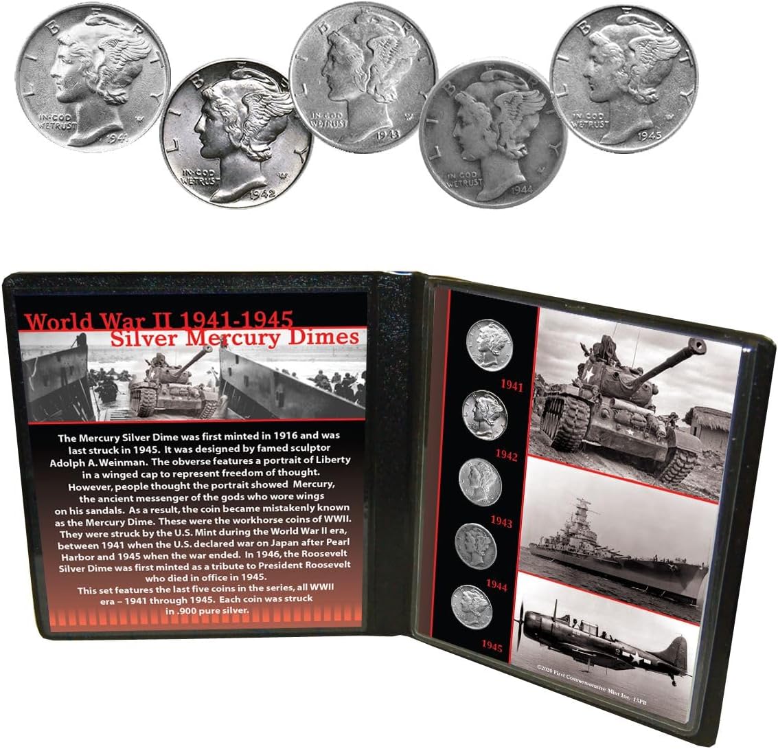 WWII Silver Mercury Dimes in Beautiful Display Folder (1941-1945)