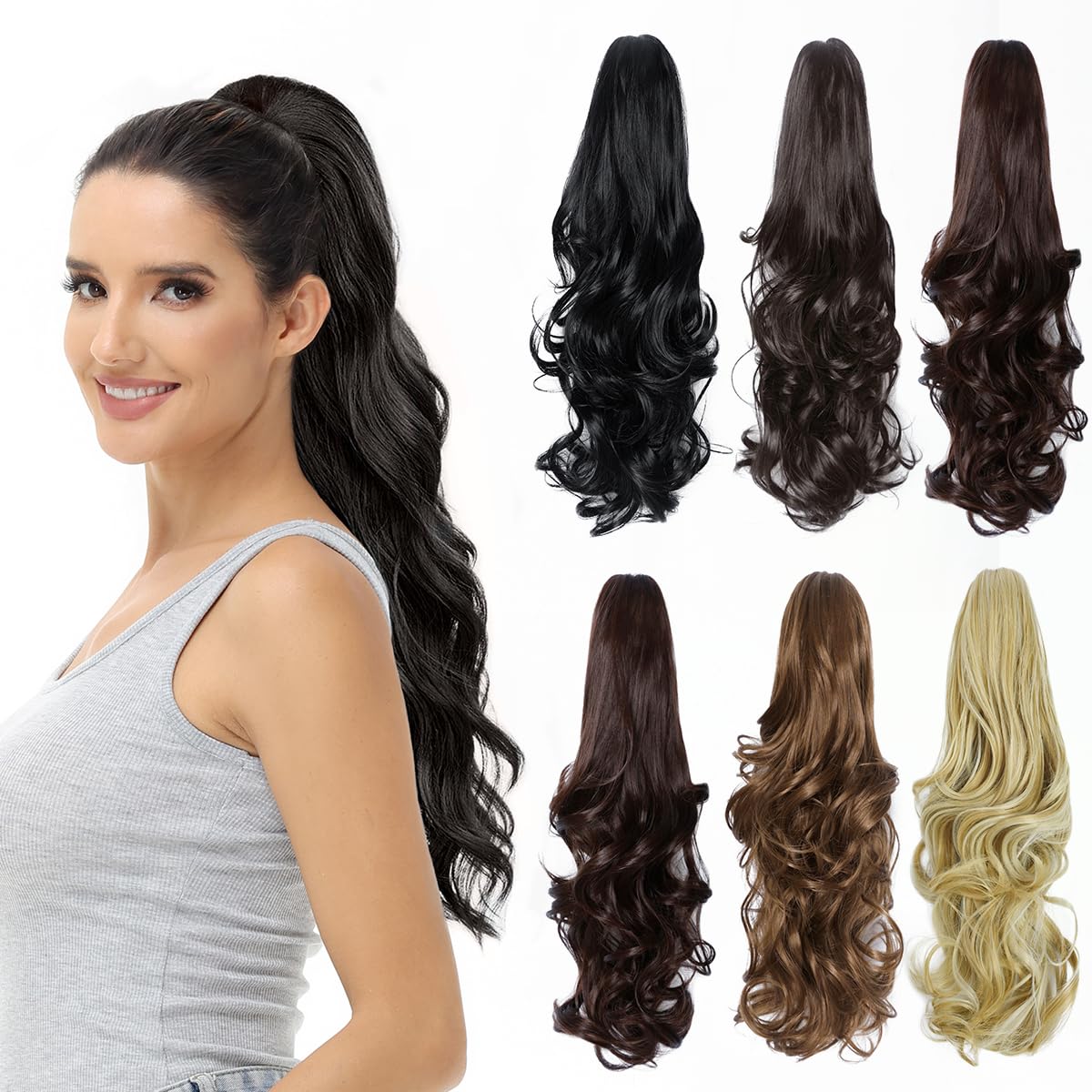 BUYOGET Ponytail Extension Long Curly Wavy Claw Jaw Clip in Synthetic Hairpiece Pony Tail Tale 16 Inches Light Brown