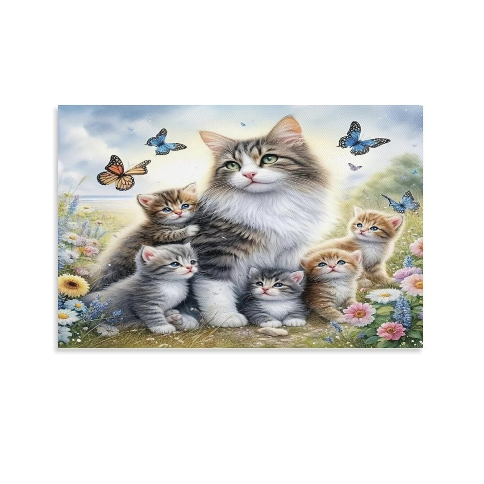 CPLVKWRQJ Cute Cat Family Single Mother Cat Four Kittens Wildflower Butterfly Canvas Print - Living Room Gallery Wall Statement Piece Fade Resistant Ready to Hang 16x24inch(40x60cm)