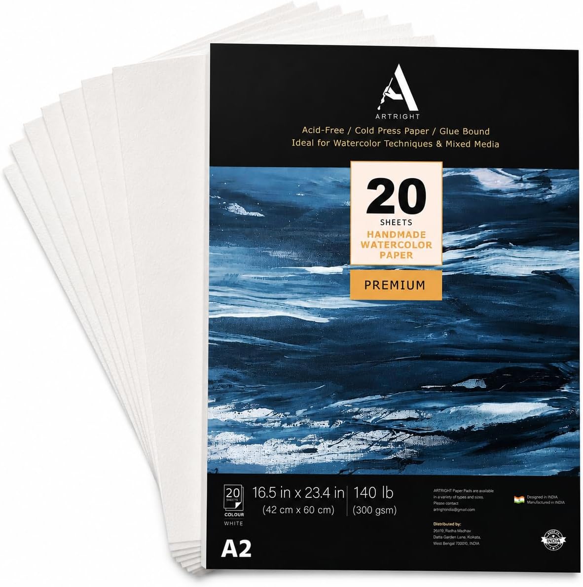 ArtRight Artists' Watercolor Paper A2 300 GSM - 20 Sheets of Handmade Rough Grain Water Colour Papers for Watercolour, Acrylic, Gouache, Ink & Mixed Media