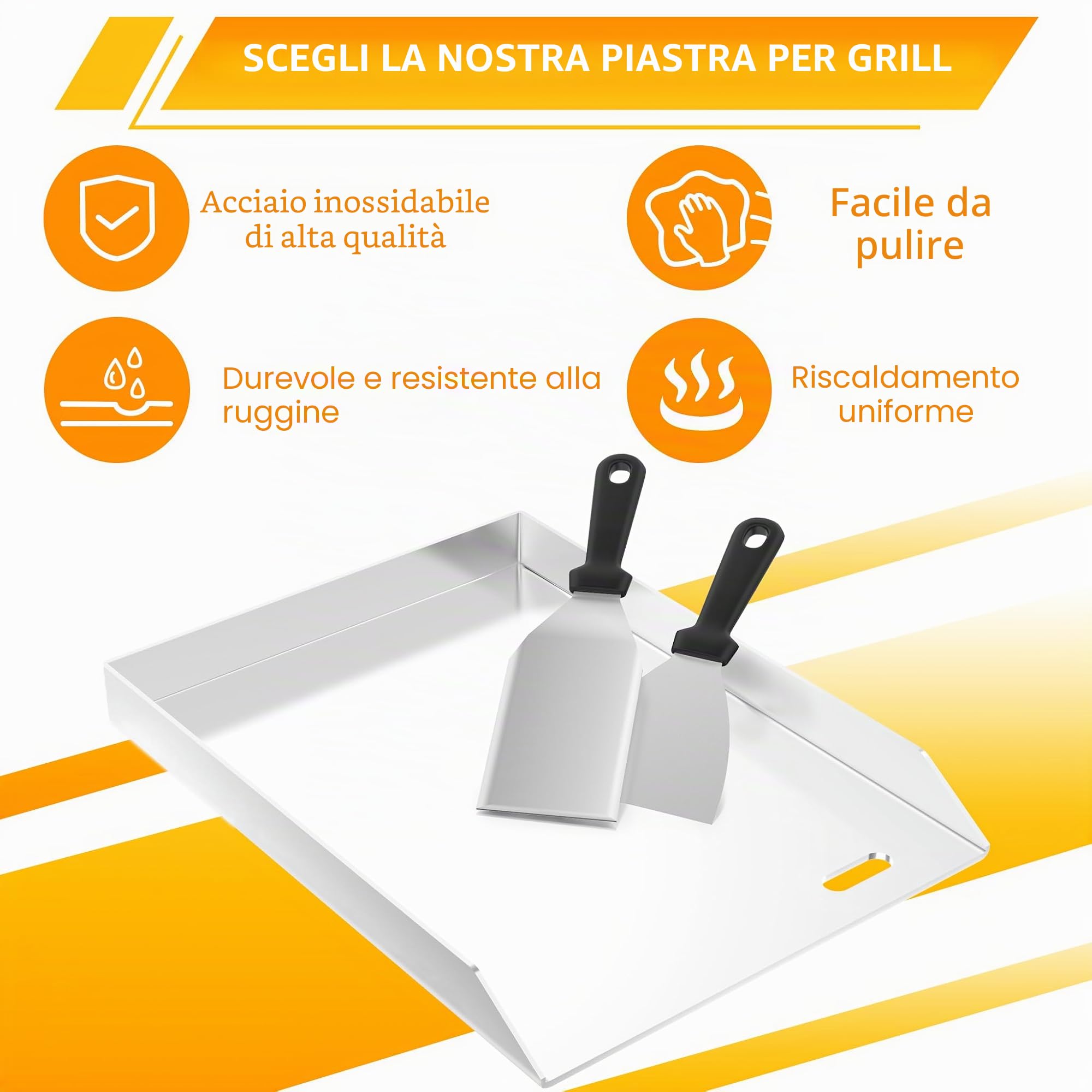 FIVMEN Plancha, piastra per barbecue in acciaio inox, 30 x 20 cm, universale, con 2 spatole, piastra in acciaio inox, per barbecue, barbecue a gas, griglia a carbonella
