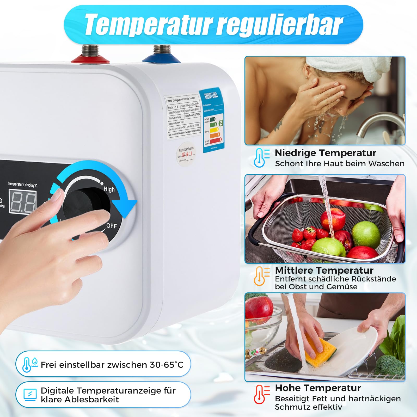 Warmwaterboiler, 8 liter, 1500 W, kleine boiler, drukvast, ondertafel Warmwaterboiler, 8 liter, 1500 W, kleine boiler, drukvast, ondertafel