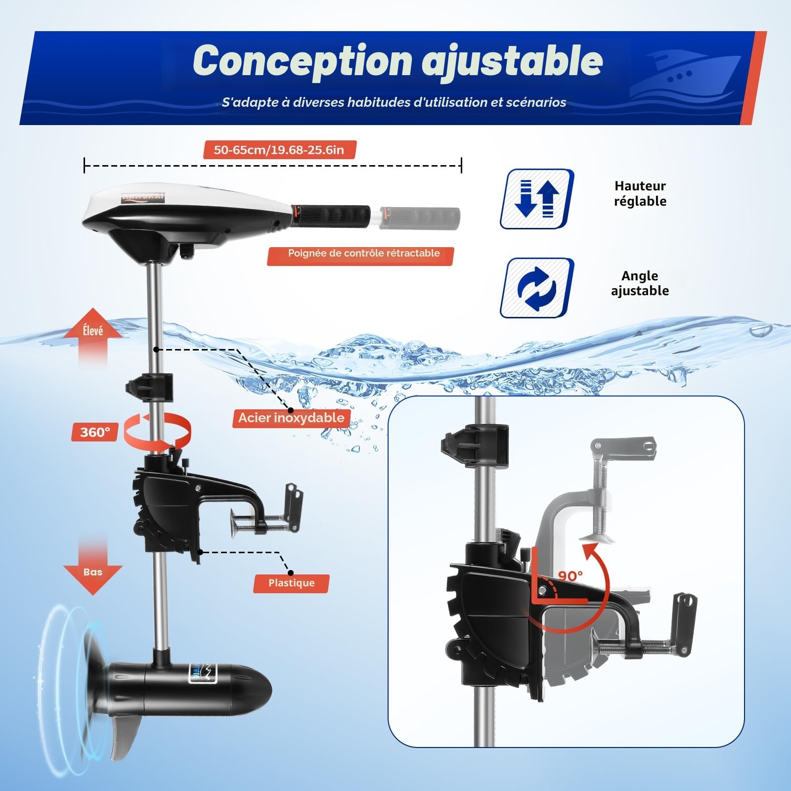 Moteur électrique de bateau 65 LBS, moteur électrique 12 V, moteur hors-bord, moteur hors-bord, moteur de bateau pour bateaux gonflables, bateaux en fer, bateaux en plastique