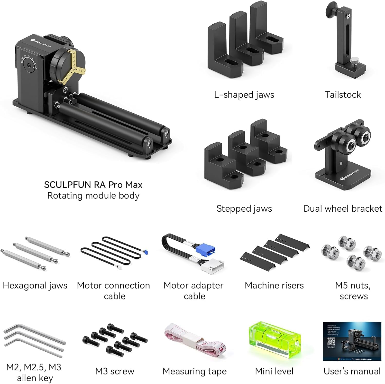 SCULPFUN RA Pro Max 4 in 1 Rotary Roller, Rotary Chuck for S9 S30 Ultra SF-A9 Series Laser Engraver, Multi-Function Y-axis Roller Engraving Module for Laser Engraving Irregular Round Objects