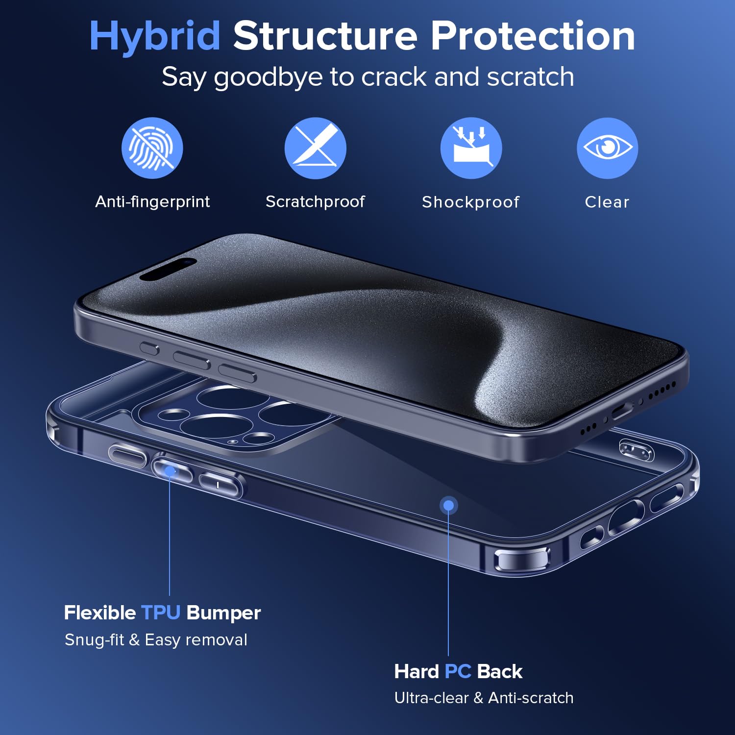 iVoler Cover Chiaro per iPhone 15 Pro con 2 Pezzi Pellicola Vetro Temperato, [Antiurto di Grado Militare][Protezione Fotocamera] Custodia Trasparente Sottile Anti-Ingiallimento Case - Blu