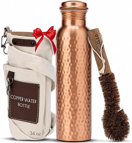 CLEO HOME 100% Pure Copper Water Bottle for Drinking, 32 Oz Large Hammered Ayurvedic Copper Bottle with 2 Pockets Canvas Bag & Cleaning Brush, Leak-Proof Insulated Copper Water Bottle