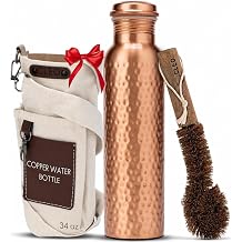 Hand Hammered Pure Copper Water Bottle 950ml - Ayurvedic Leakproof Sports Water Bottle BPA Free Large Water Bottle for Yoga Travel and Office Canvas Bag Brush Set