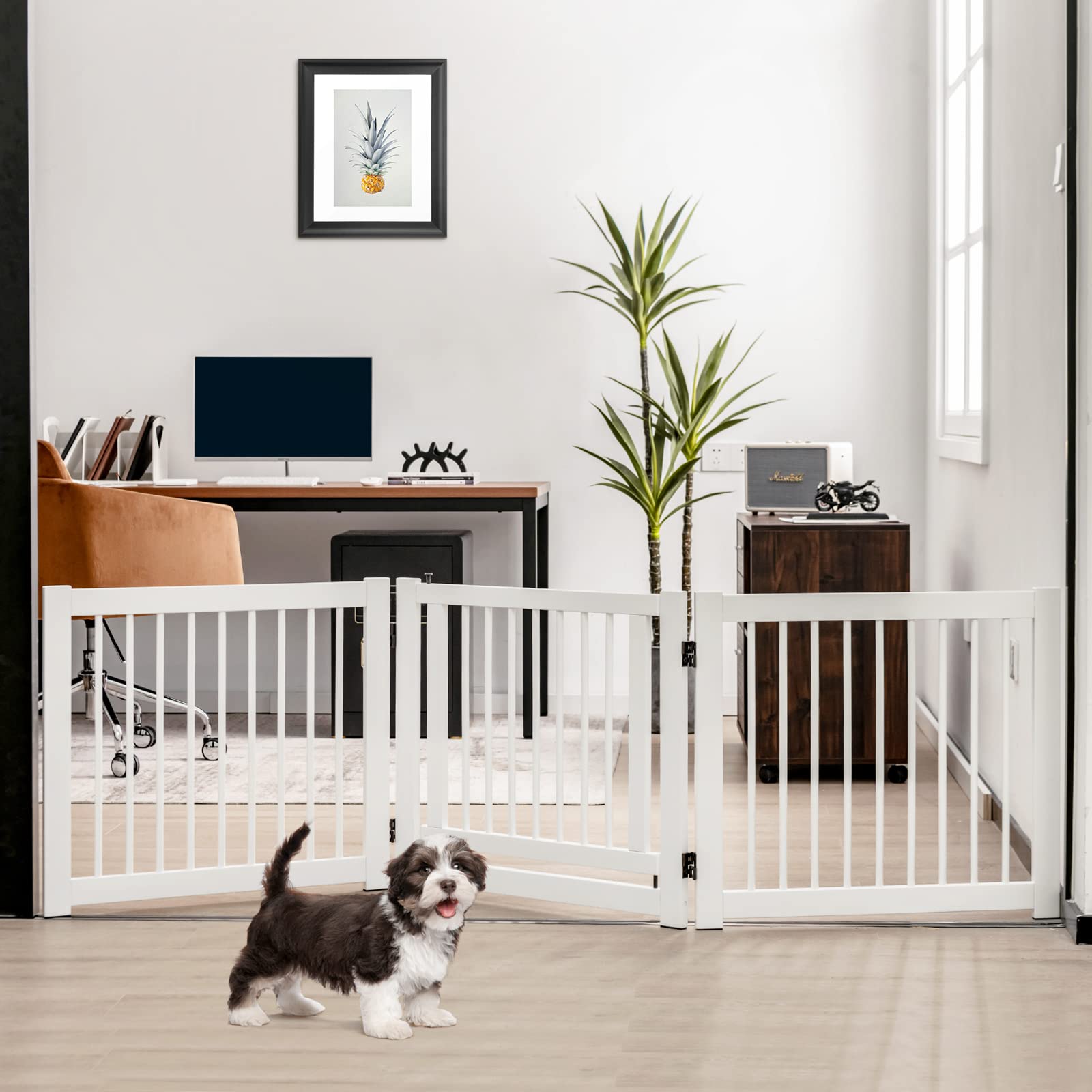 COSTWAY Barrera Plegable de 3 Paneles, Barrera de Seguridad Extensible para Perros, Recinto de Seguridad de Pino para Puertas, Escaleras, Pasillos, Montada 210 x 61 x 1,8cm