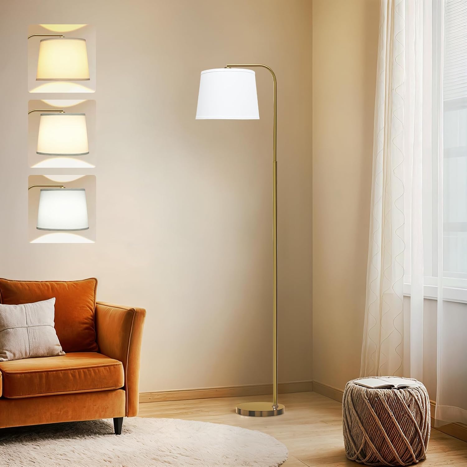 akasuki floor lamp for living room with 3 color temperatures, foot switch standing lamps for living room, bedroom, office, arc mordern floor lamp with 9w led bulb included gold base- white shade