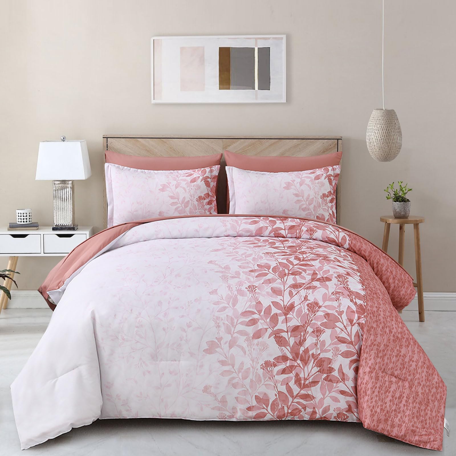 Dobuyly Pink King Size Comforter Set Botanical Leaves Bed in a Bag King, 7 Pieces Women Girls Bedding Comforter Sets with Sheets, Soft Microfiber Floral Bedding Set for All Season