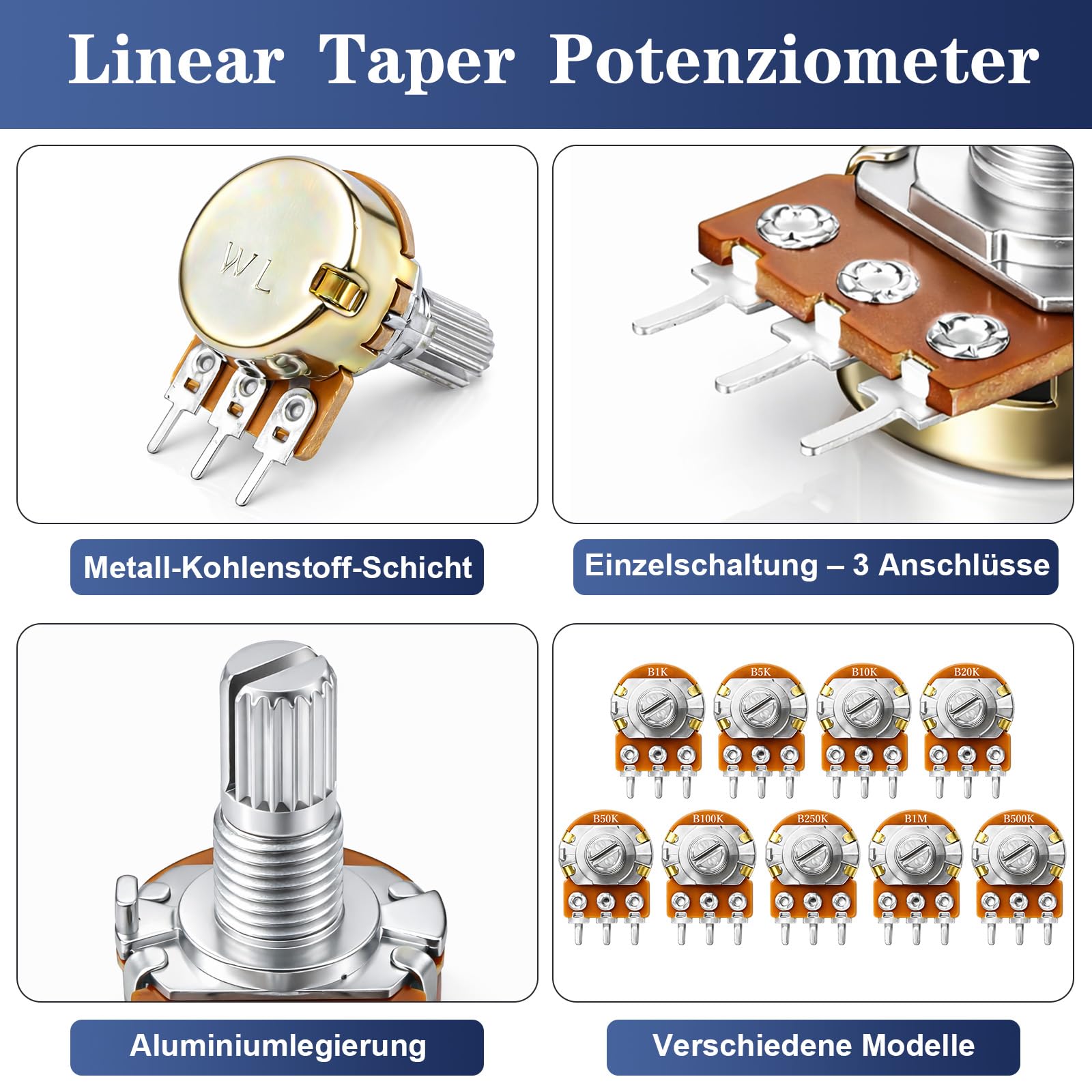 111Stück Potentiometer Kit, Potentiometer Mono Linear B1K B5K B10K B20K B50K B100K B250K B500K B1M Ohm WH148 Drehpotentiometer, 3 Klemmen B Typ Einzelpotentiometer mit Muttern, Unterlegscheibe, Knopf