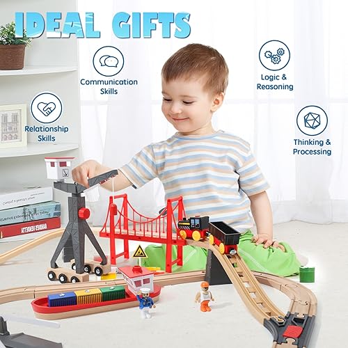 Vista 2 de Wdmiya Juego de tren de madera para niños pequeños, 57 piezas de pista de tren de madera para niños, juguete de tren con puente y pistas