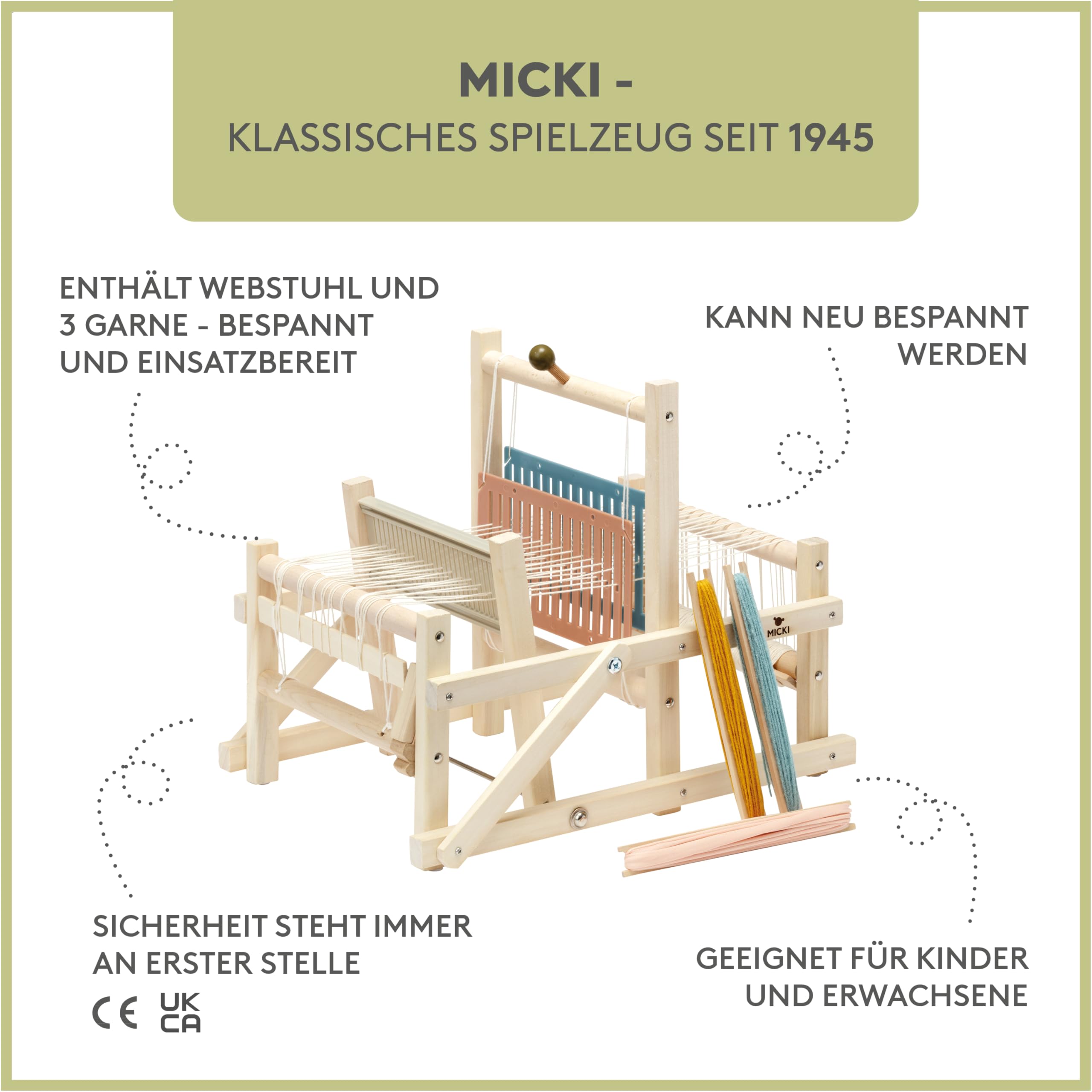 Micki Webstuhl – DIY Set für Erwachsene – Strick Starter-Set für Kinder – Holzgarnspielzeug für Anfänger - Alter 3+ - 380x280x330 mm.