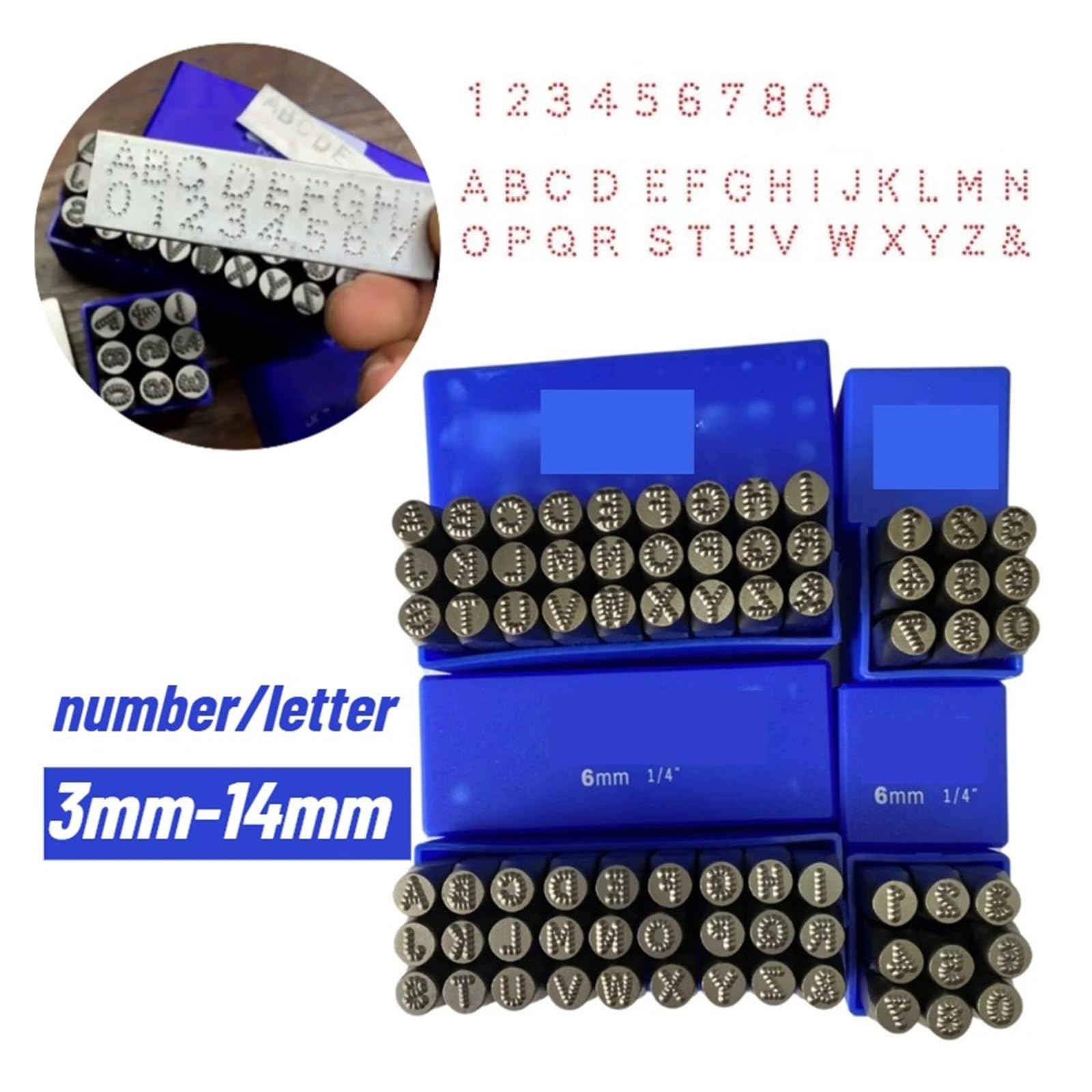 Kit de estampado Metal con troquel acero Juego de sellos 3 mm-14 mm Números y letras Aleación acero AZ 0-9 Herramienta prensa perforadora metal for Plástico Cuero más(Number-4mm)